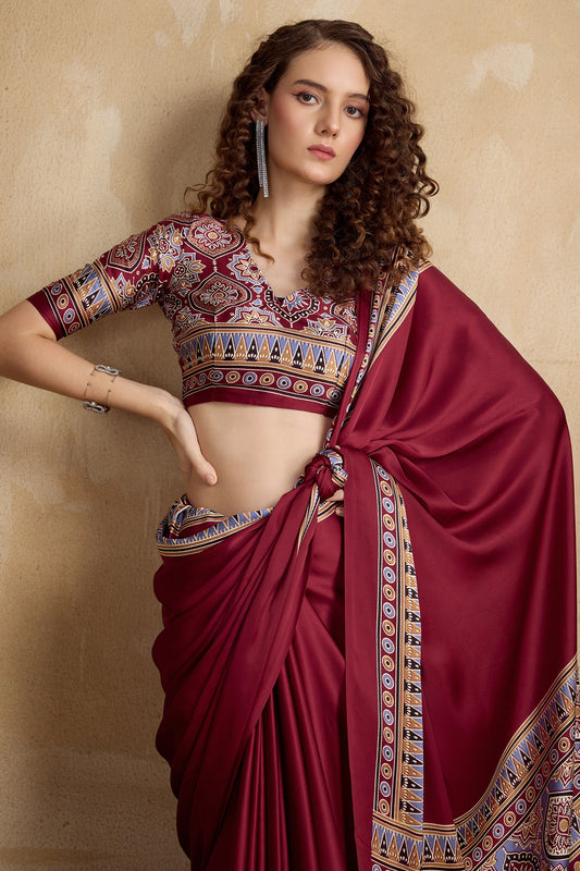 Maroon Ajrakh Print Satin Saree-SAR11824_2_SareeButa.com