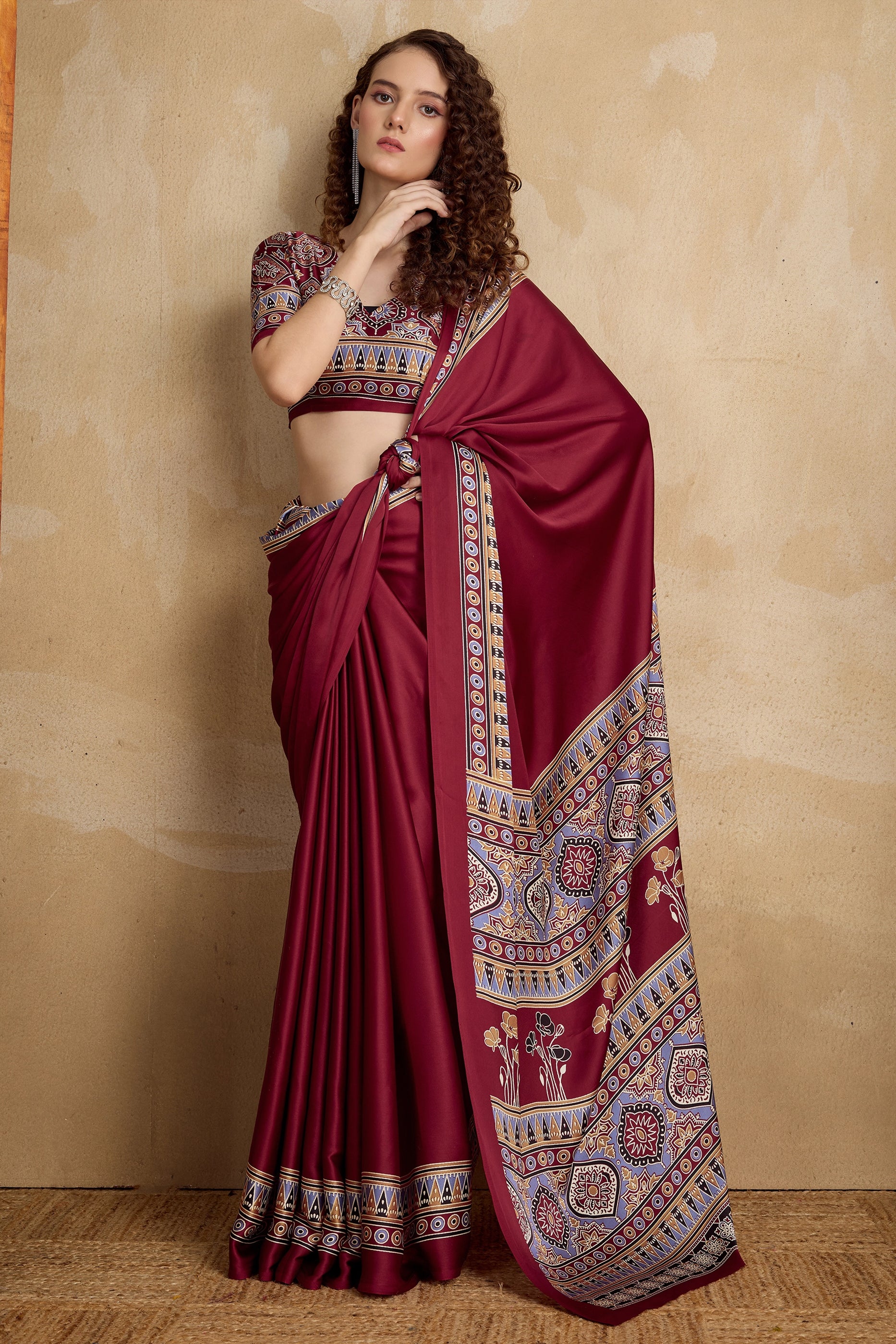 Maroon Ajrakh Print Satin Saree-SAR11824_3_SareeButa.com