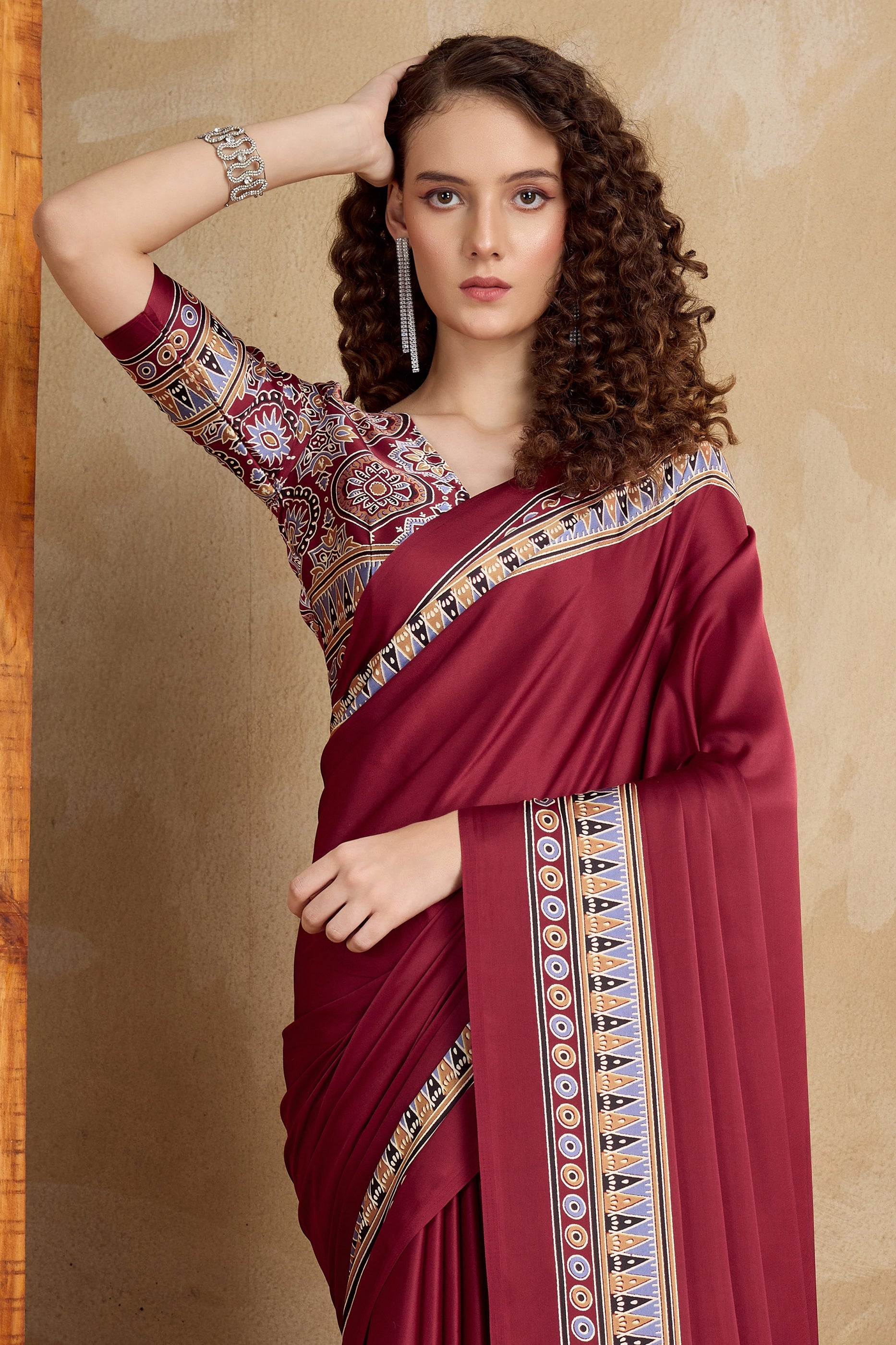 Maroon Ajrakh Print Satin Saree-SAR11824_4_SareeButa.com