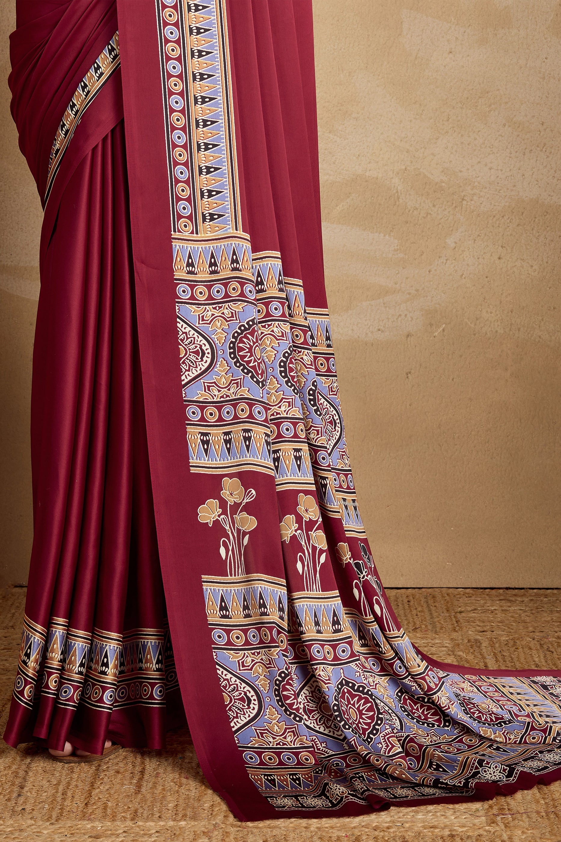 Maroon Ajrakh Print Satin Saree-SAR11824_5_SareeButa.com