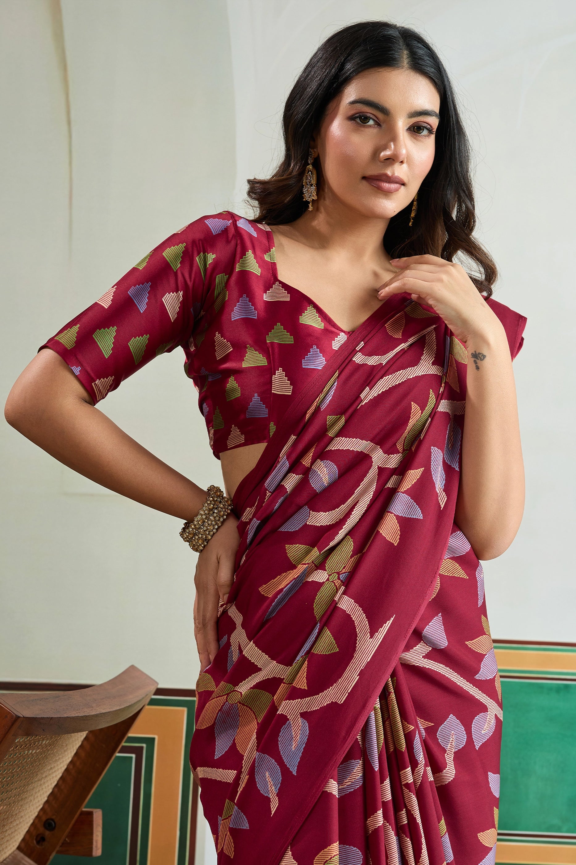 Maroon Ajrakh Print Satin Saree-SAR11831_2_SareeButa.com