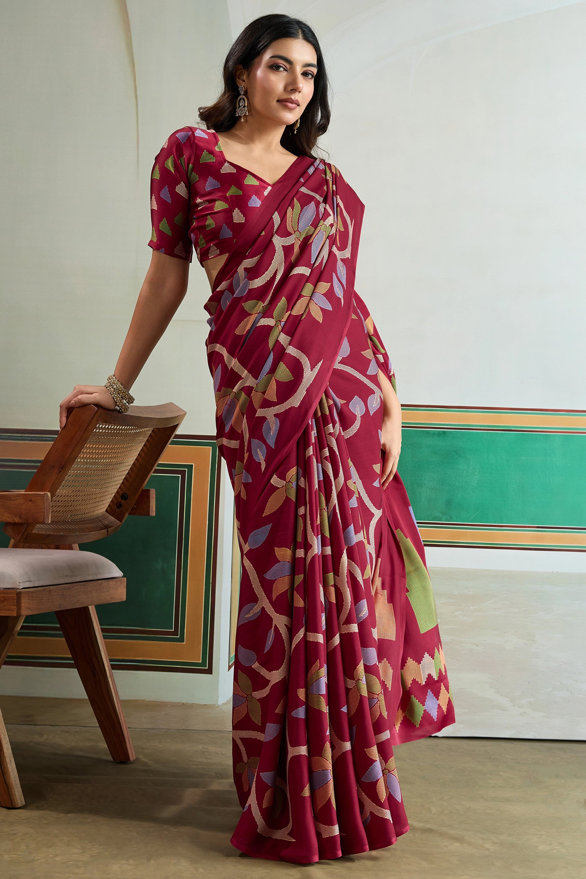 Maroon Ajrakh Print Satin Saree-SAR11831_3_SareeButa.com
