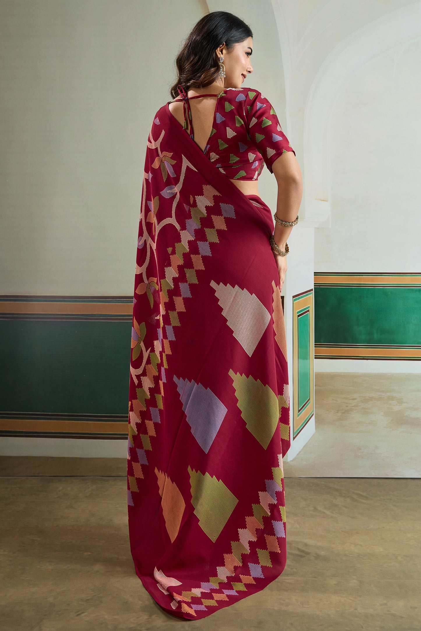 Maroon Ajrakh Print Satin Saree-SAR11831_5_SareeButa.com