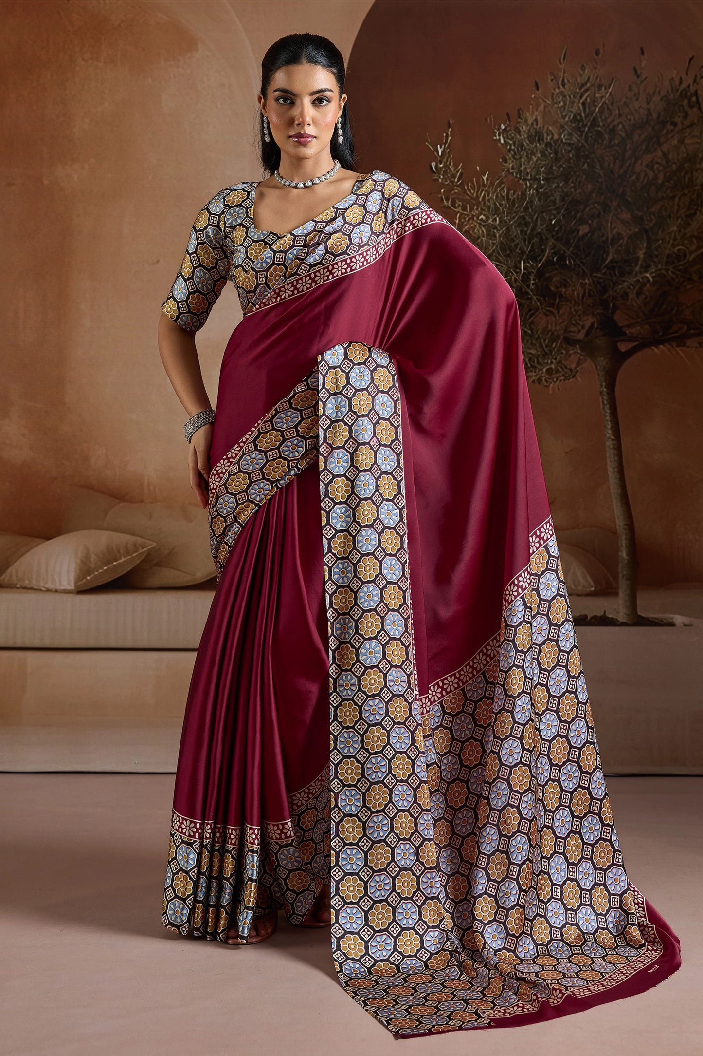 Maroon Ajrakh Print Satin Saree-SAR11838_1_SareeButa.com