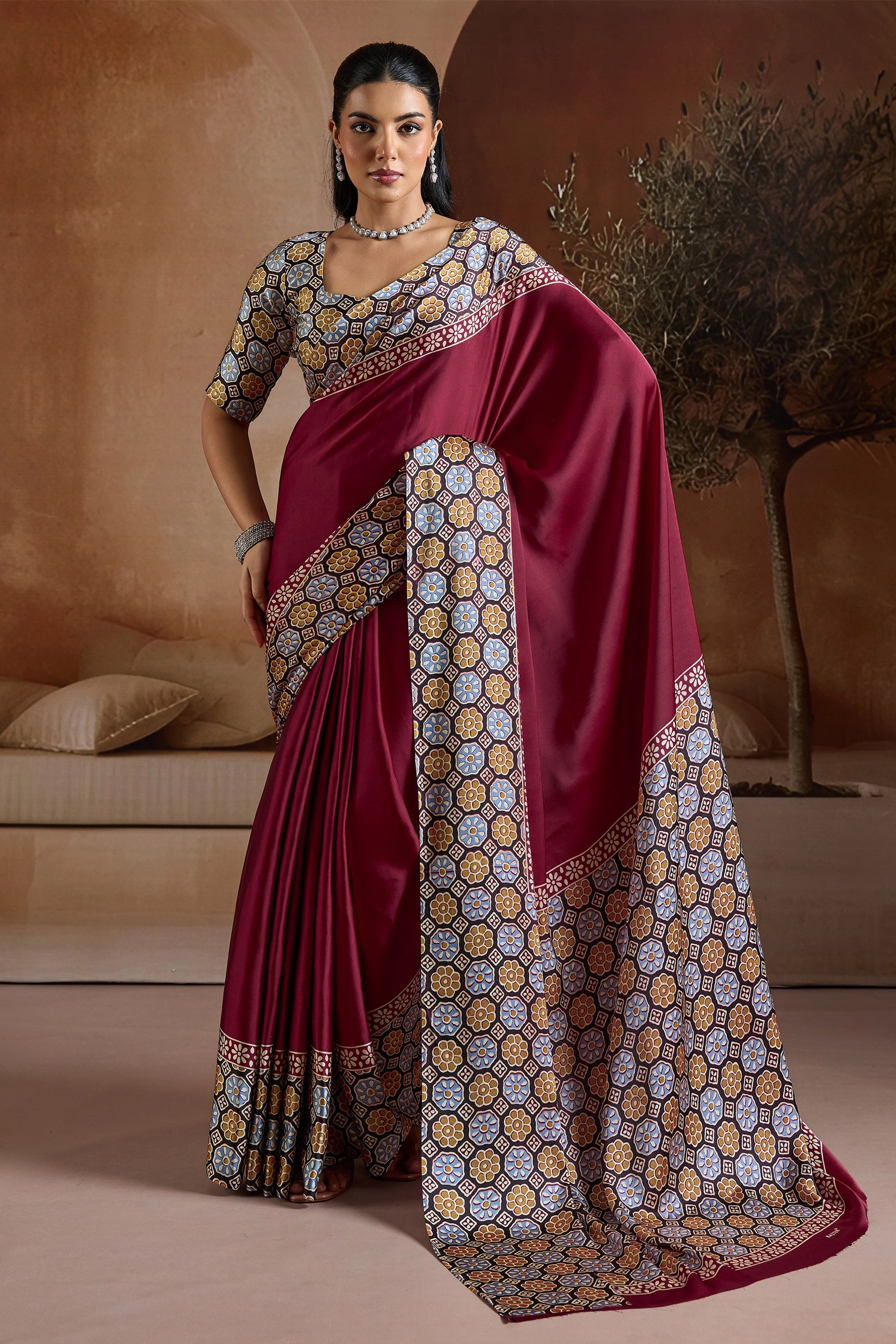 Maroon Ajrakh Print Satin Saree-SAR11838_1_SareeButa.com