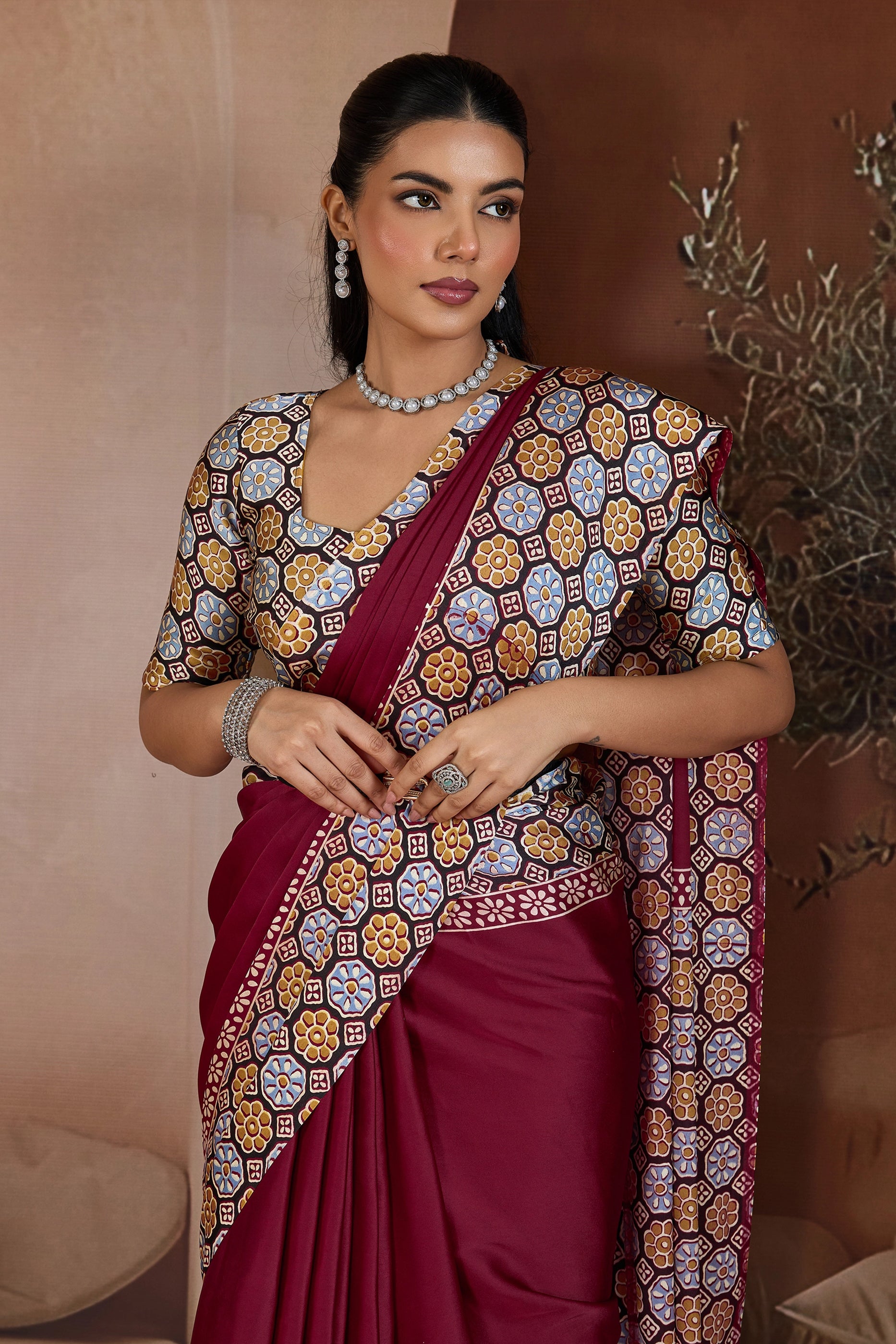 Maroon Ajrakh Print Satin Saree-SAR11838_2_SareeButa.com