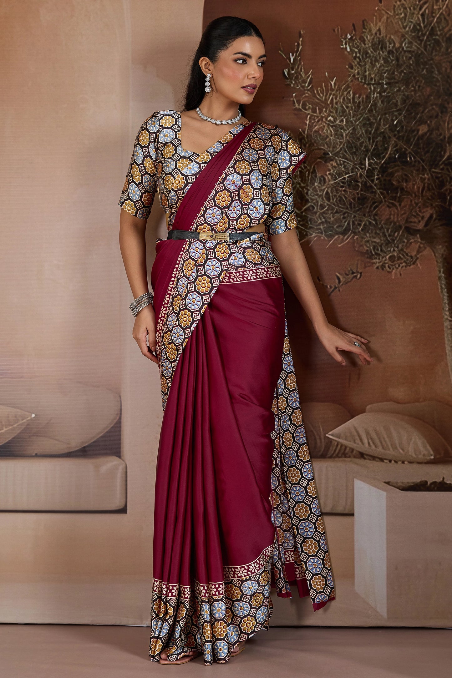 Maroon Ajrakh Print Satin Saree-SAR11838_3_SareeButa.com