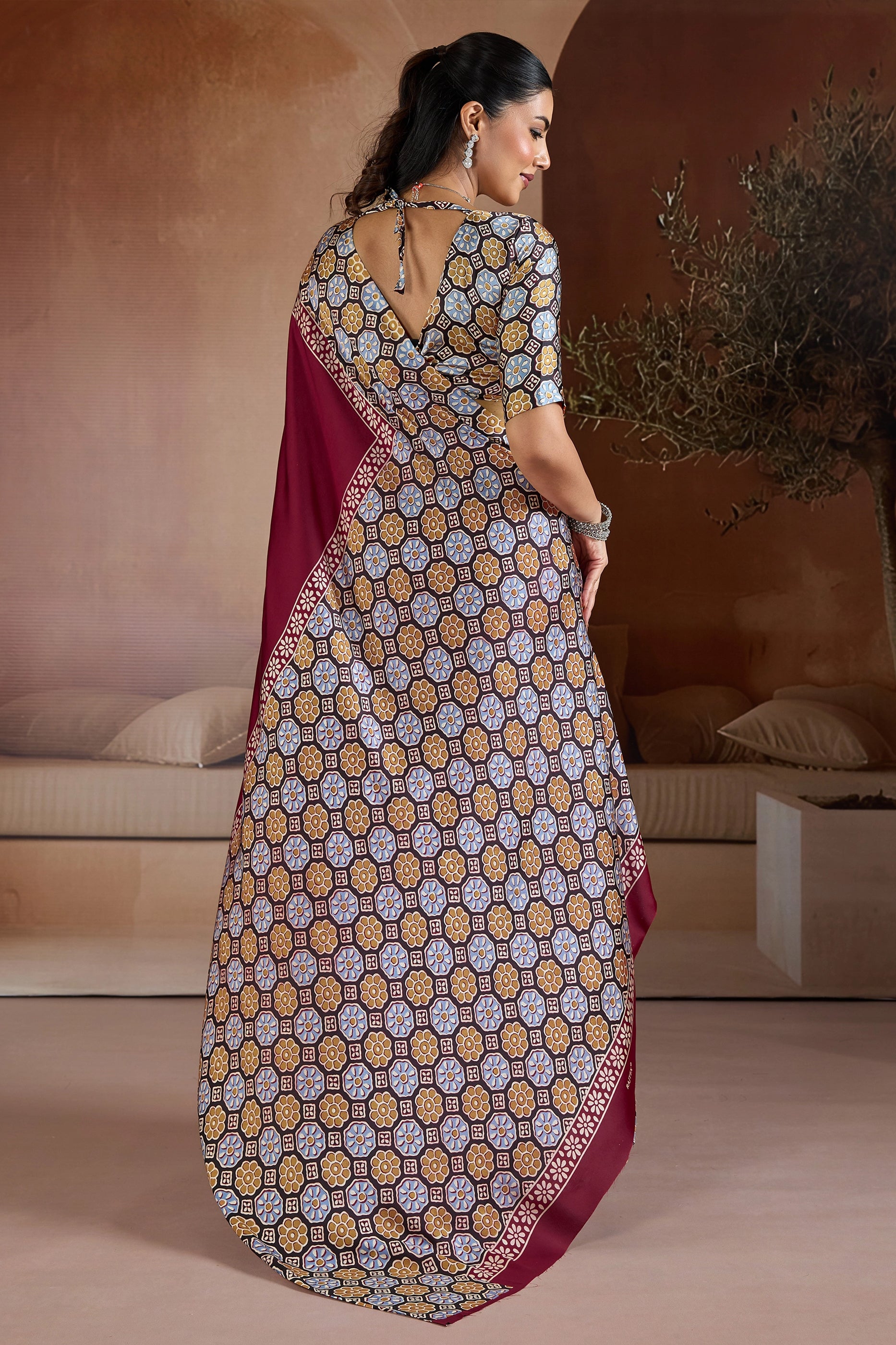 Maroon Ajrakh Print Satin Saree-SAR11838_5_SareeButa.com