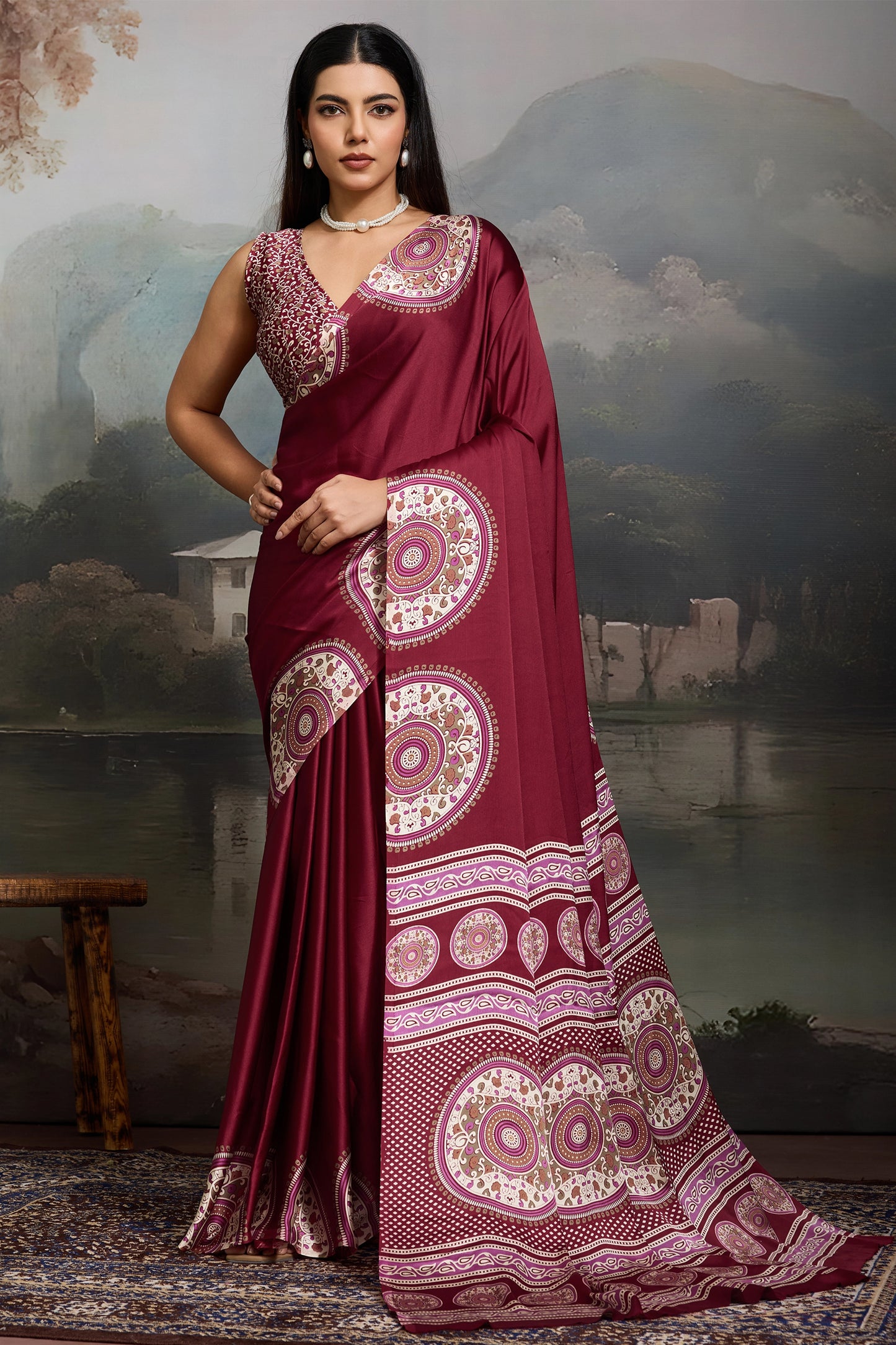 Maroon Ajrakh Print Satin Saree-SAR11862_1_SareeButa.com