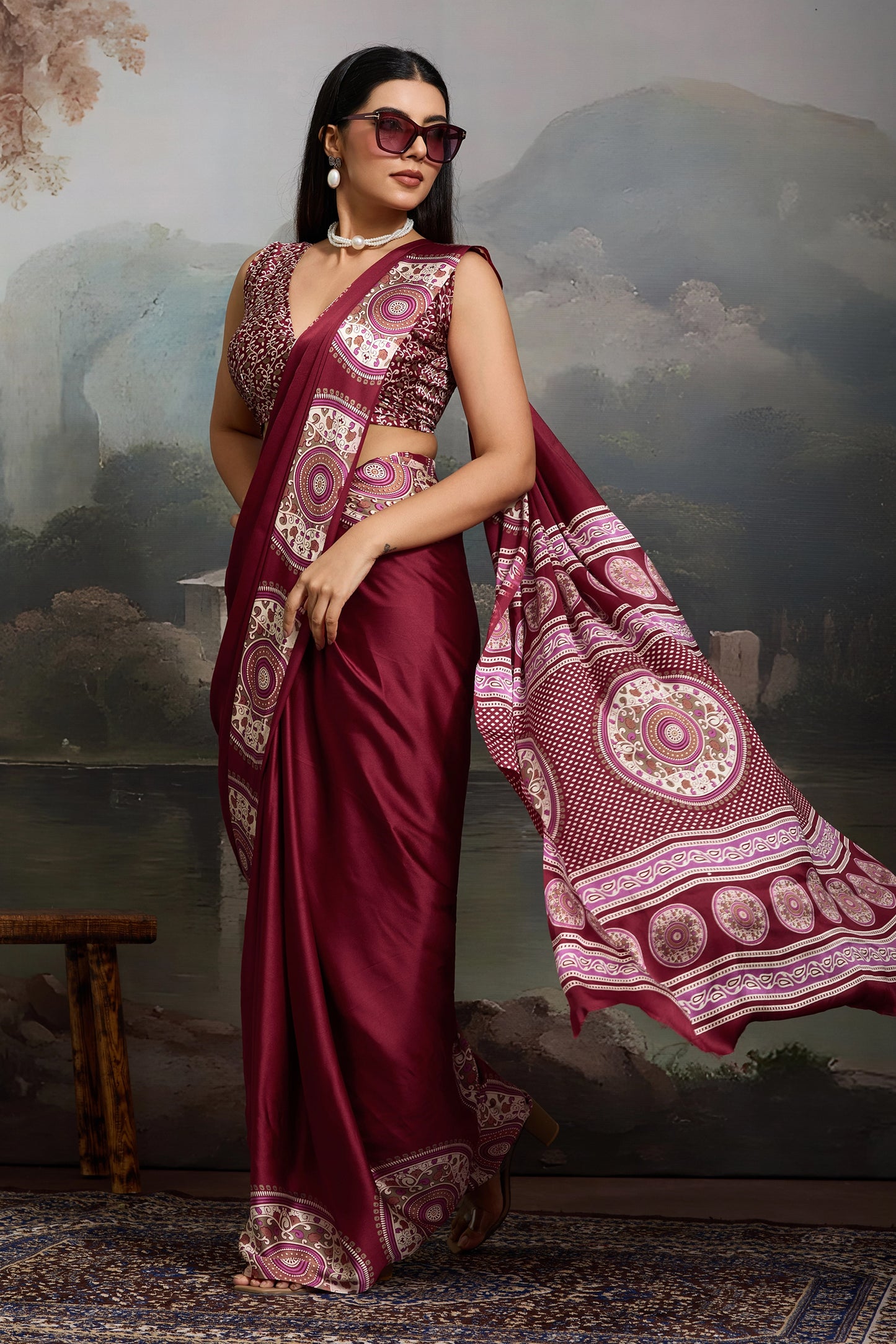 Maroon Ajrakh Print Satin Saree-SAR11862_3_SareeButa.com