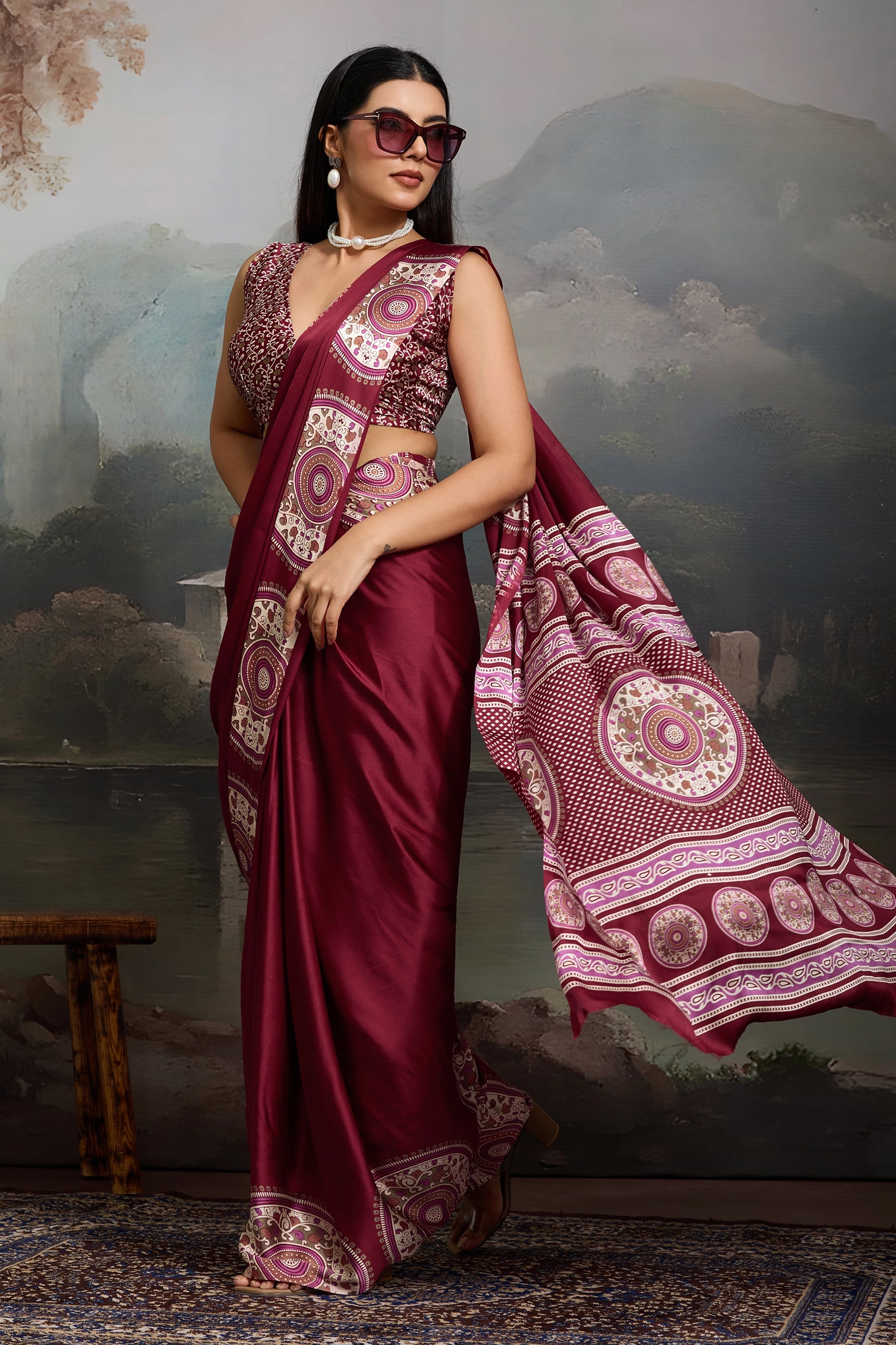 Maroon Ajrakh Print Satin Saree-SAR11862_3_SareeButa.com