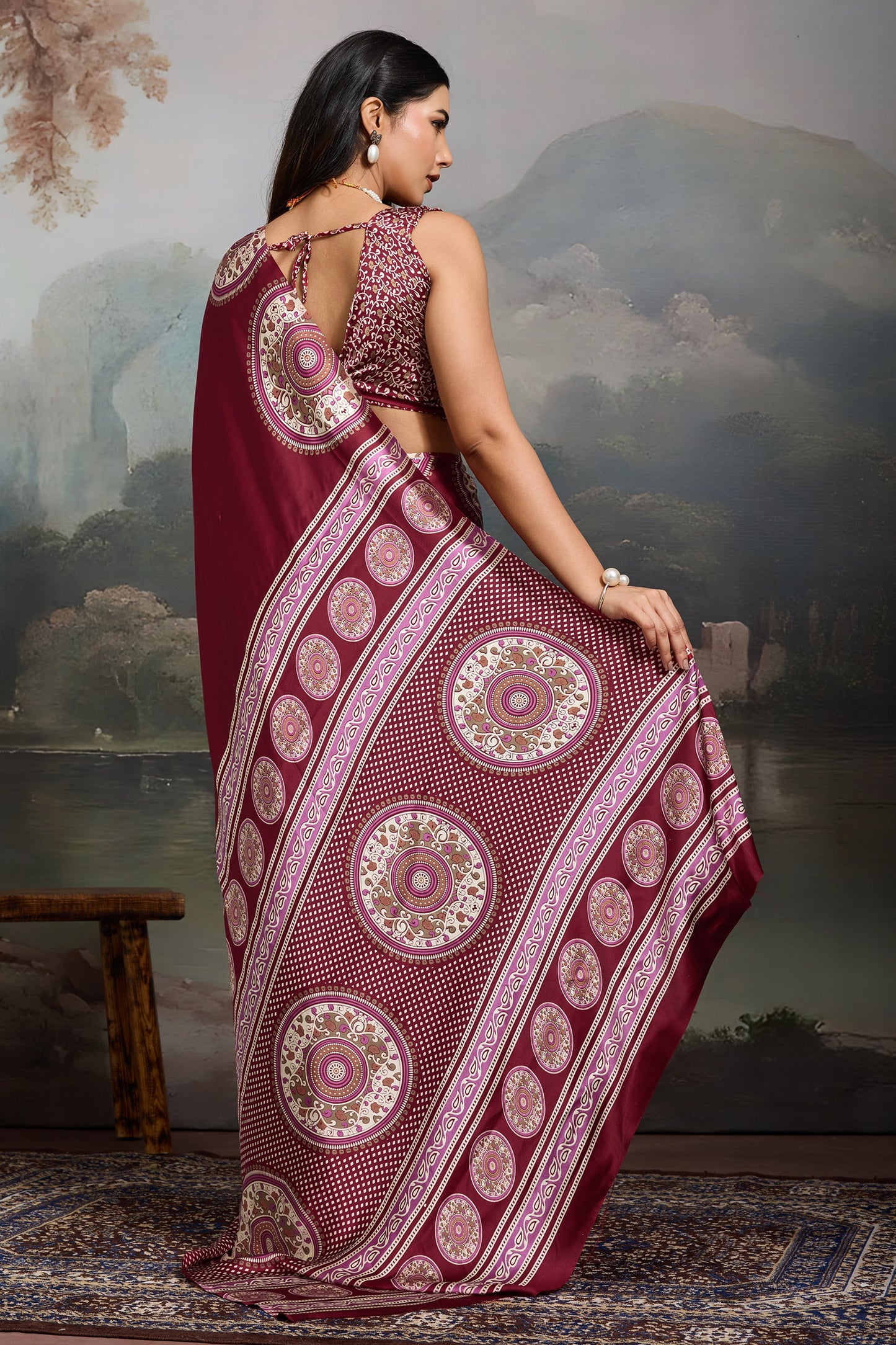 Maroon Ajrakh Print Satin Saree-SAR11862_4_SareeButa.com