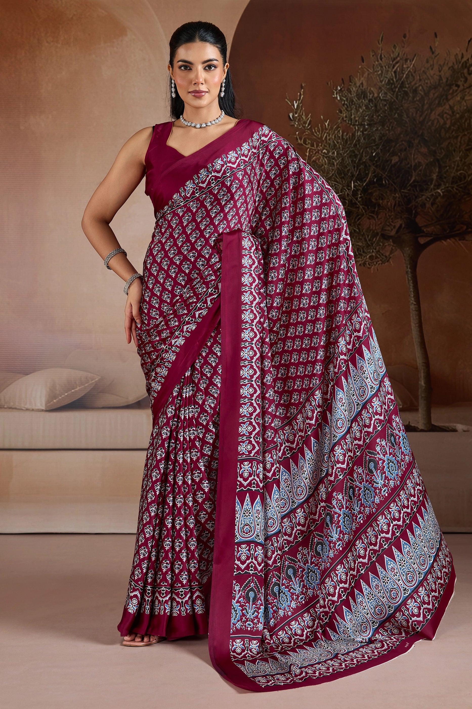 Maroon Ajrakh Print Satin Saree-SAR11901_1_SareeButa.com