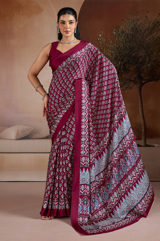 Maroon Ajrakh Print Satin Saree-SAR11901_1_SareeButa.com