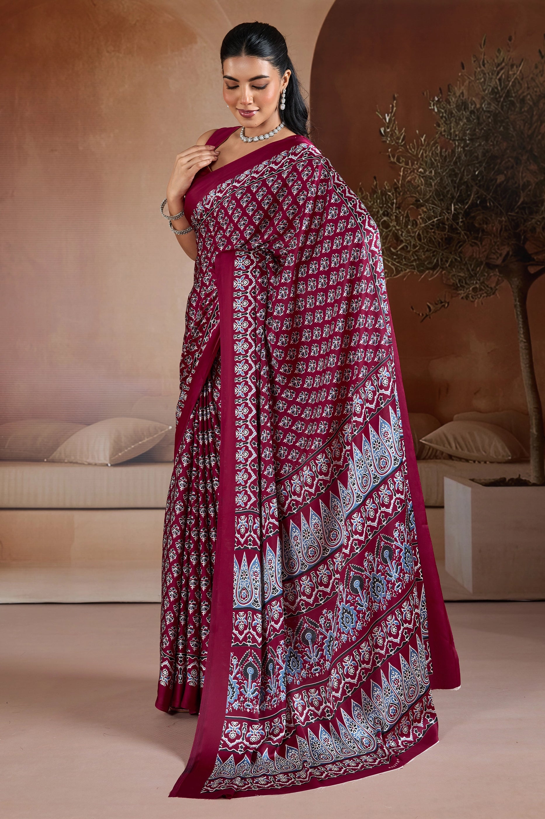 Maroon Ajrakh Print Satin Saree-SAR11901_3_SareeButa.com