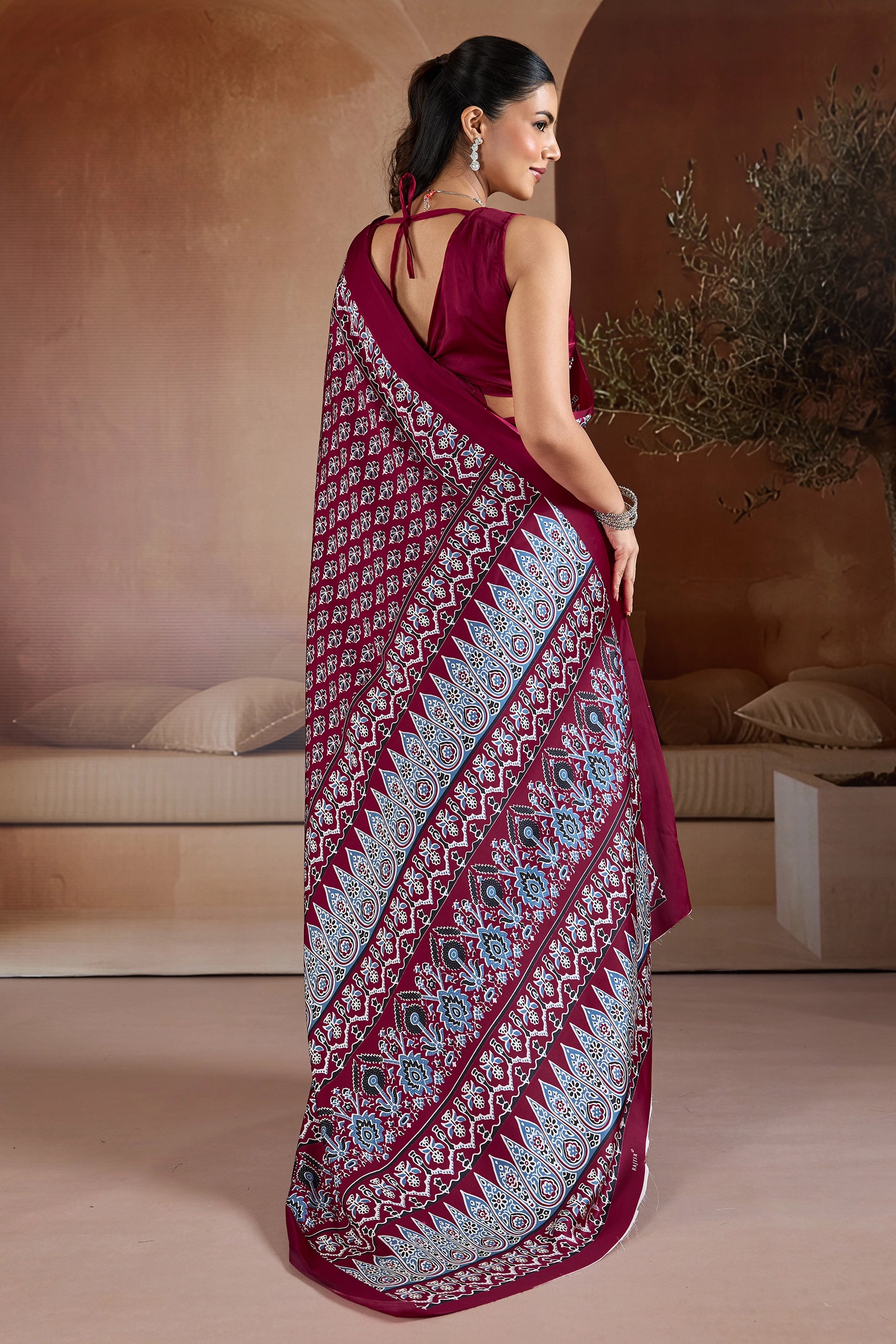 Maroon Ajrakh Print Satin Saree-SAR11901_4_SareeButa.com