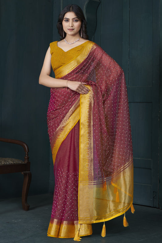 Maroon Bead Work Jacquard Saree-ZB134215_1_SareeButa.com
