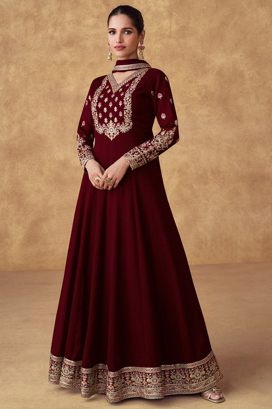 Maroon Chinon Silk Gown with Dupatta-SS456_1_SareeButa.com