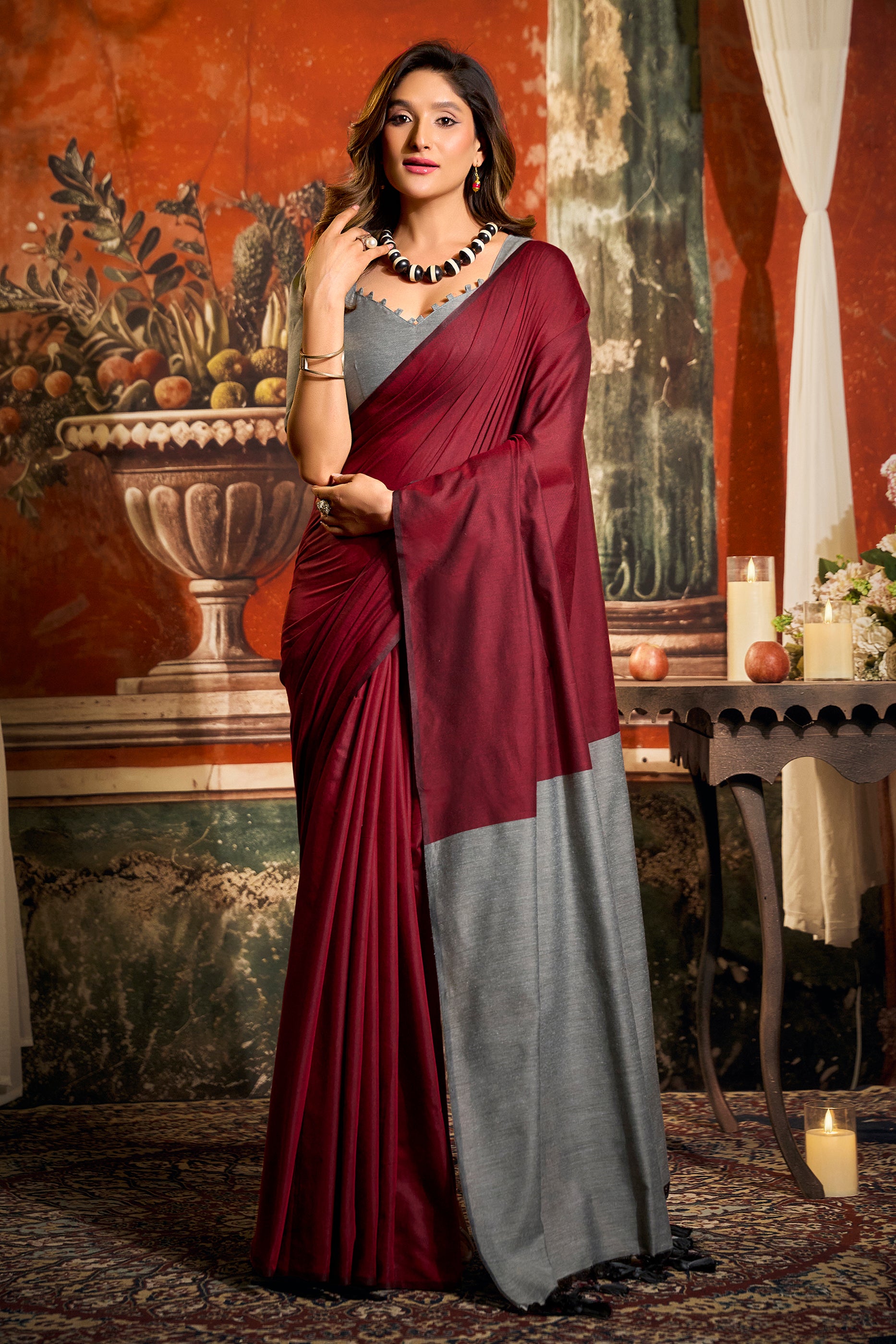 Maroon Cotton Saree with Color Block Pallu-SAR12719_1_SareeButa.com
