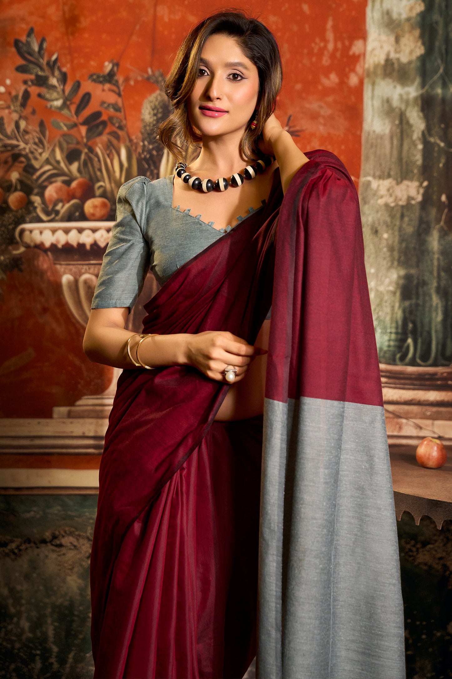 Maroon Cotton Saree with Color Block Pallu-SAR12719_2_SareeButa.com