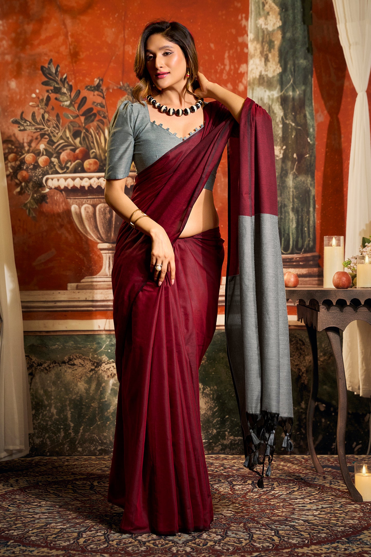 Maroon Cotton Saree with Color Block Pallu-SAR12719_3_SareeButa.com