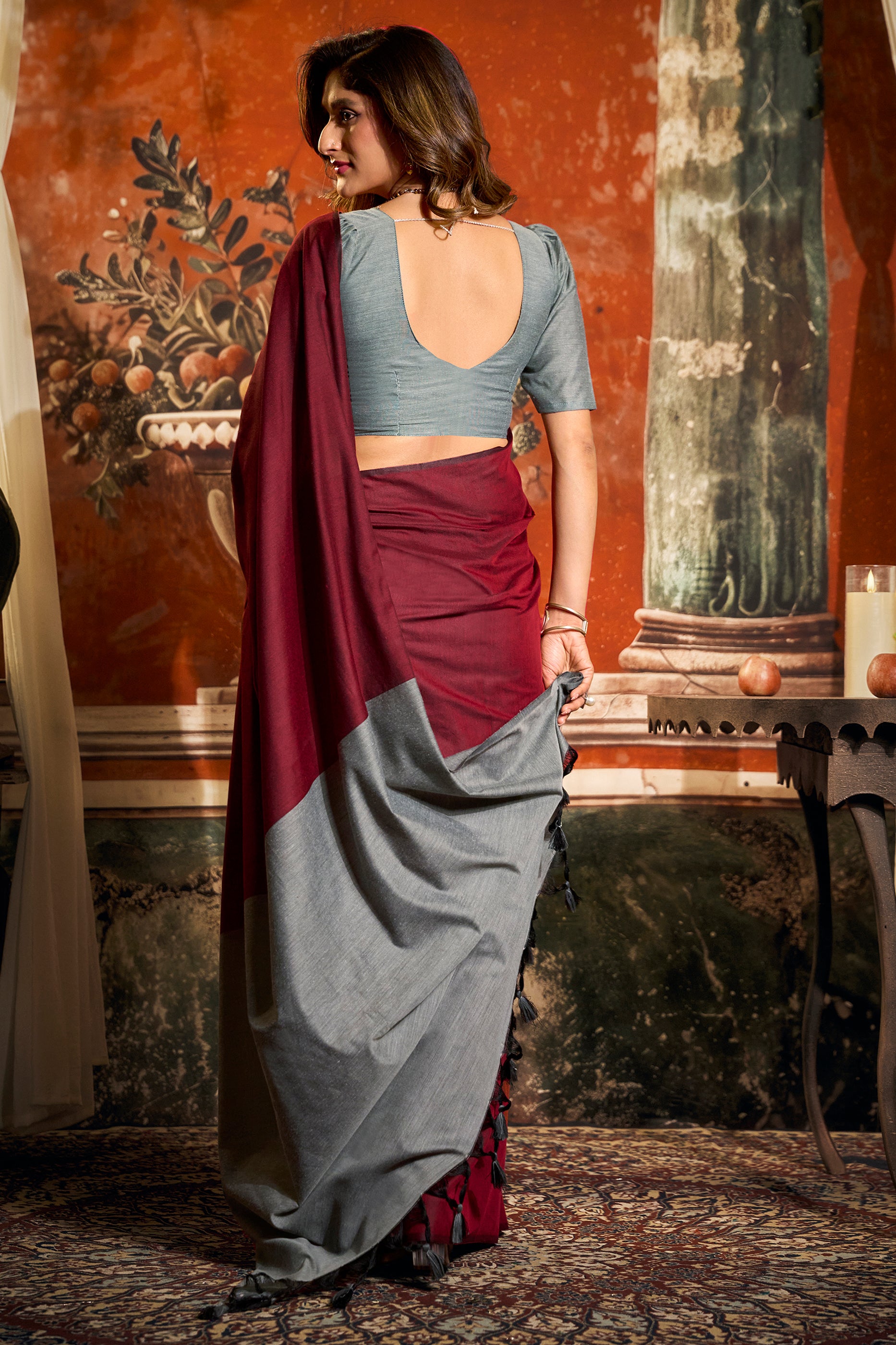 Maroon Cotton Saree with Color Block Pallu-SAR12719_5_SareeButa.com