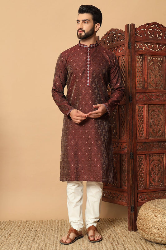 Maroon Embroidered Jacquard Kurta Pajama-MW1_1_SareeButa.com