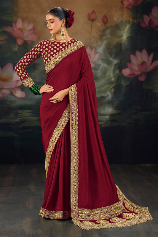 Maroon Embroidered Munga Silk Saree-SAR12277_1_SareeButa.com