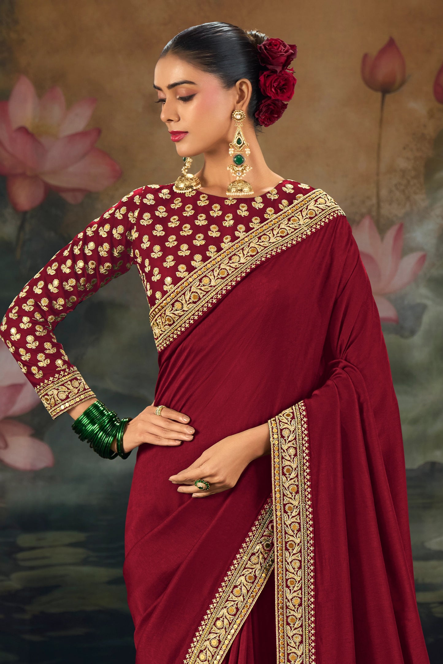 Maroon Embroidered Munga Silk Saree-SAR12277_2_SareeButa.com