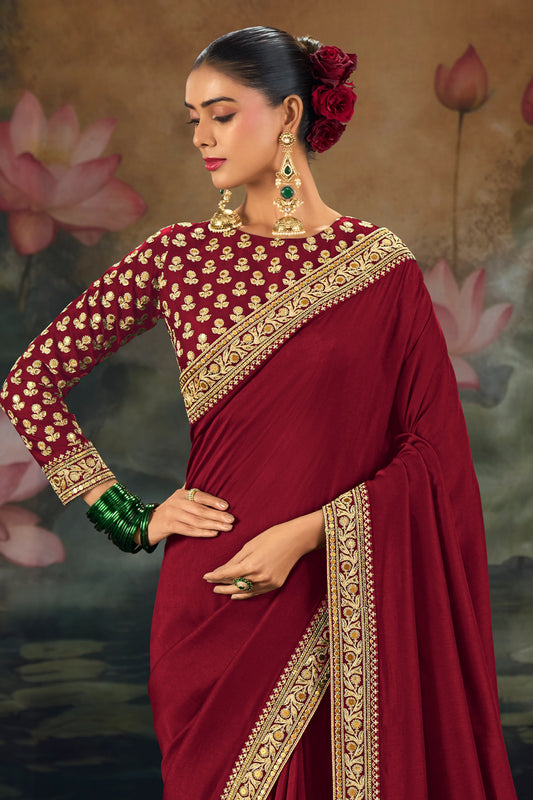 Maroon Embroidered Munga Silk Saree-SAR12277_2_SareeButa.com