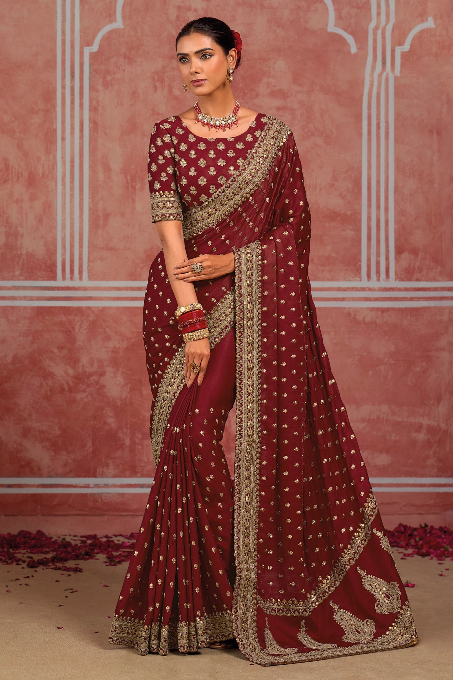 Maroon Embroidered Munga Silk Saree-SAR13060_1_SareeButa.com
