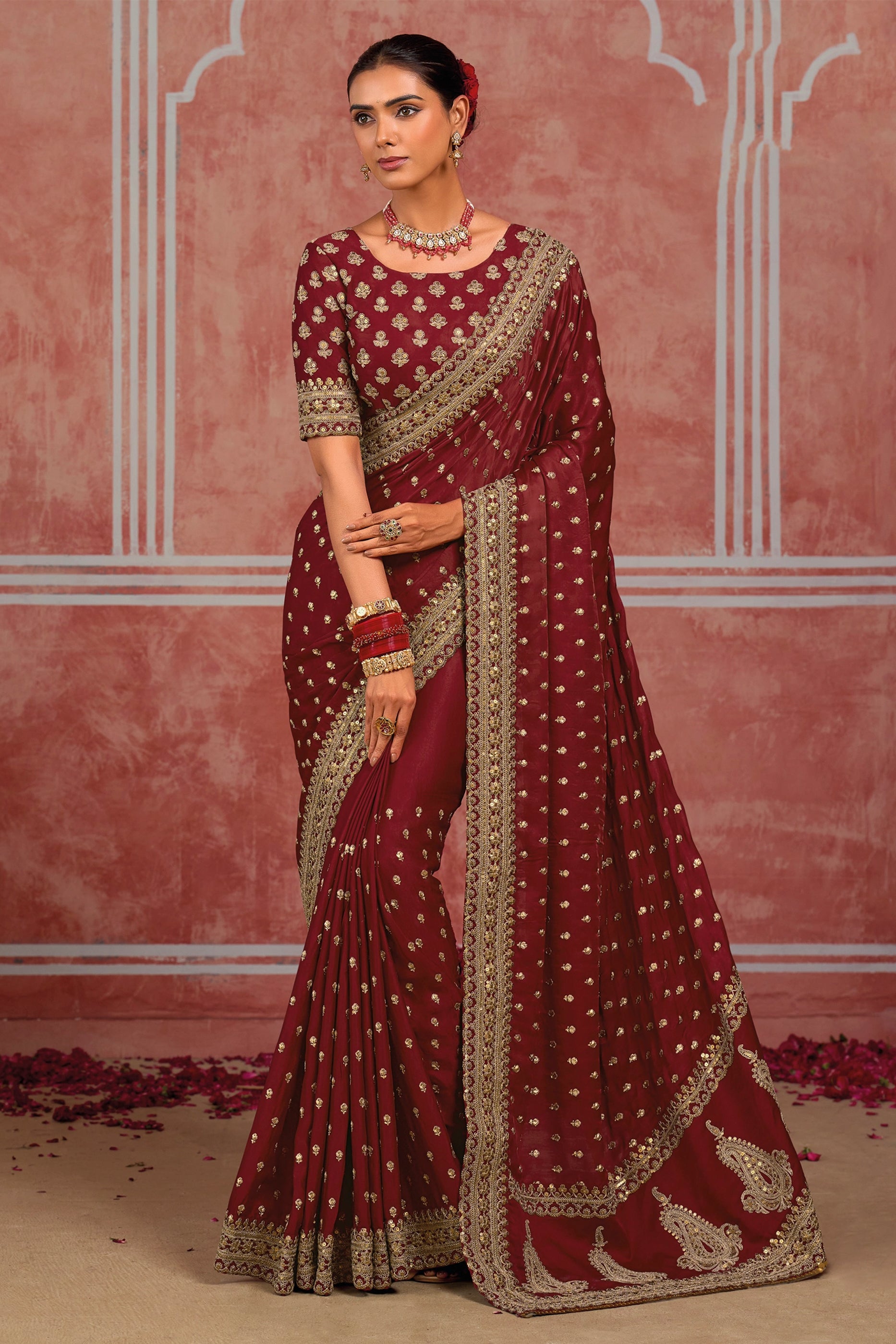 Maroon Embroidered Munga Silk Saree-SAR13060_1_SareeButa.com