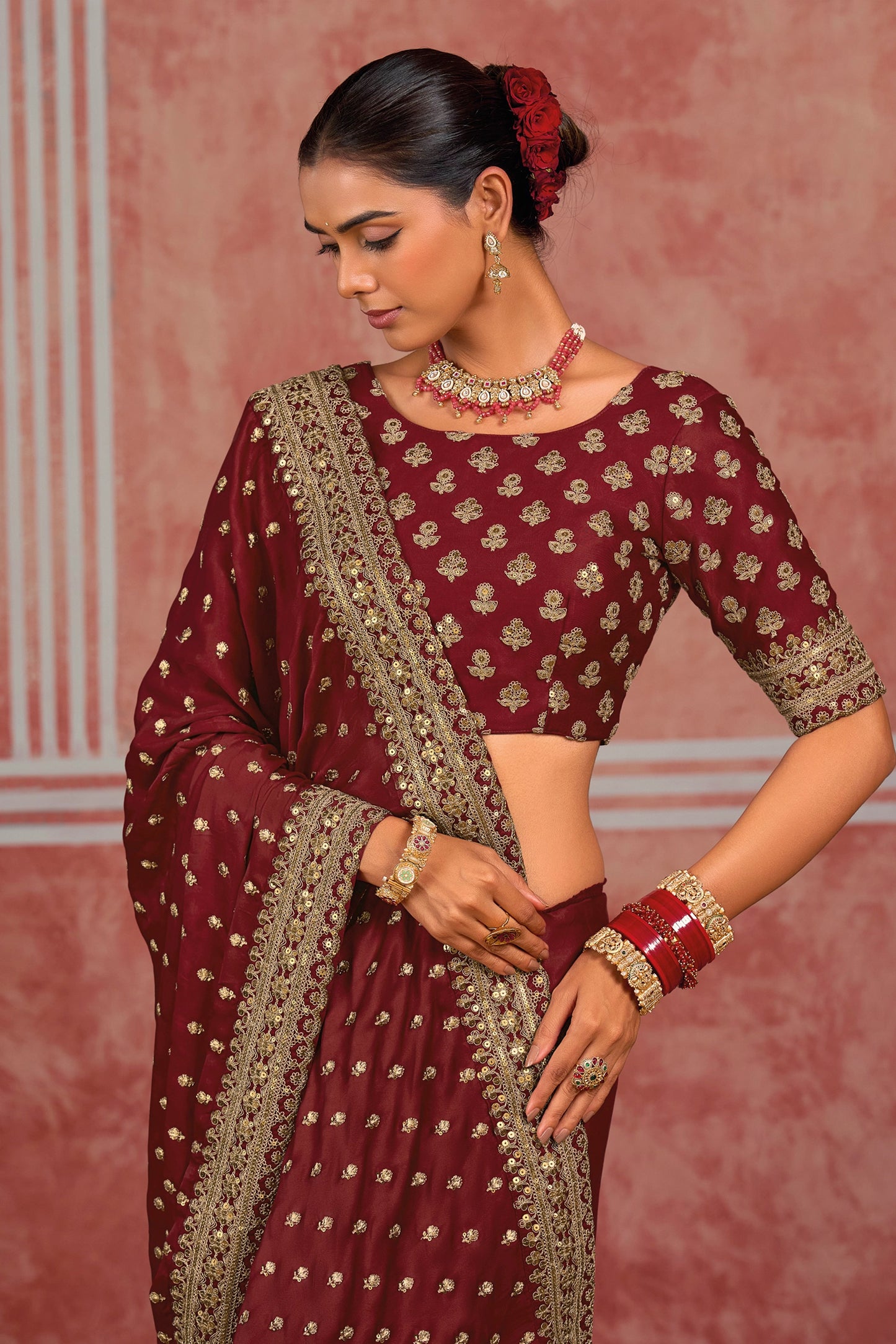 Maroon Embroidered Munga Silk Saree-SAR13060_2_SareeButa.com