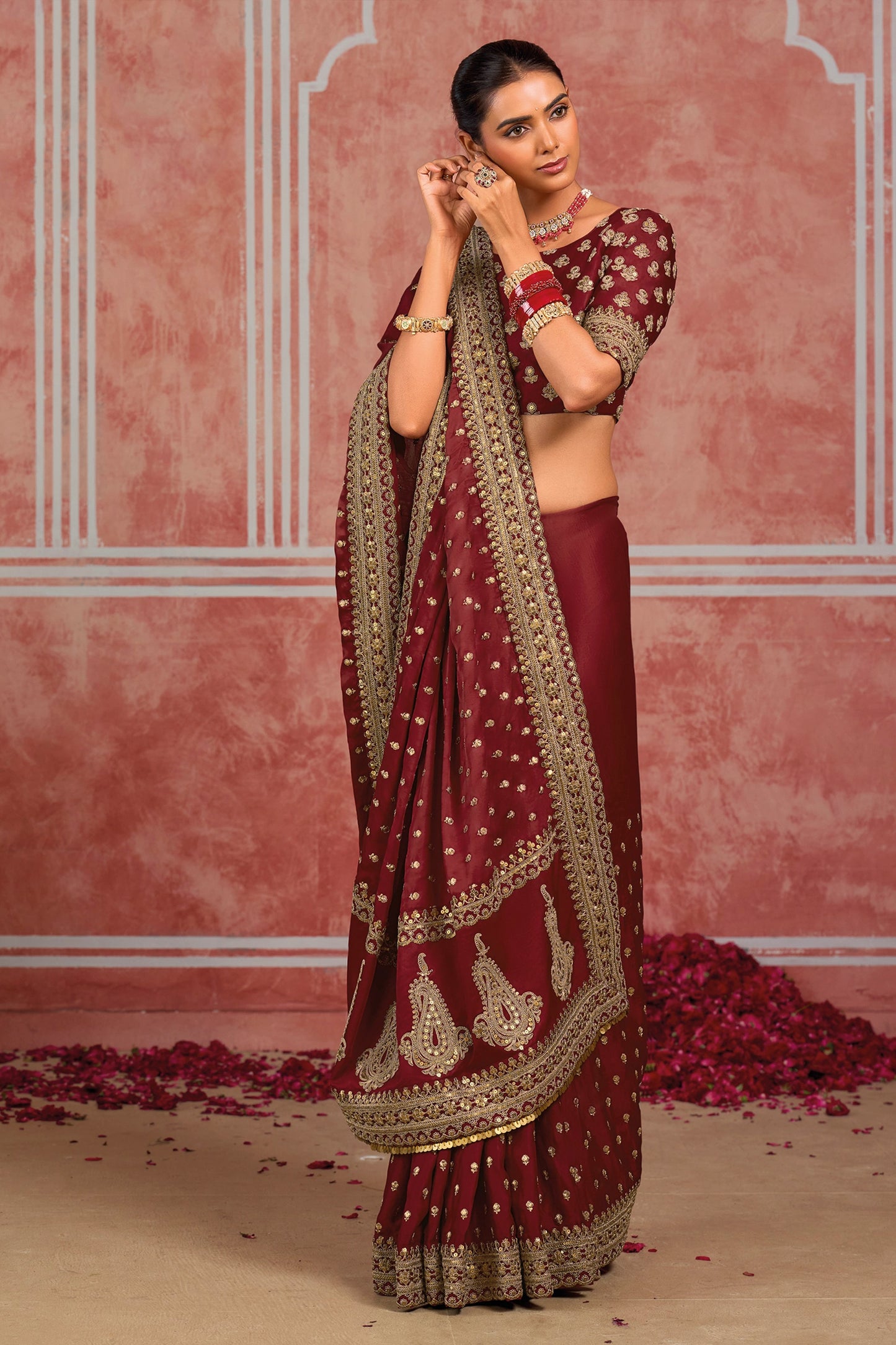 Maroon Embroidered Munga Silk Saree-SAR13060_3_SareeButa.com