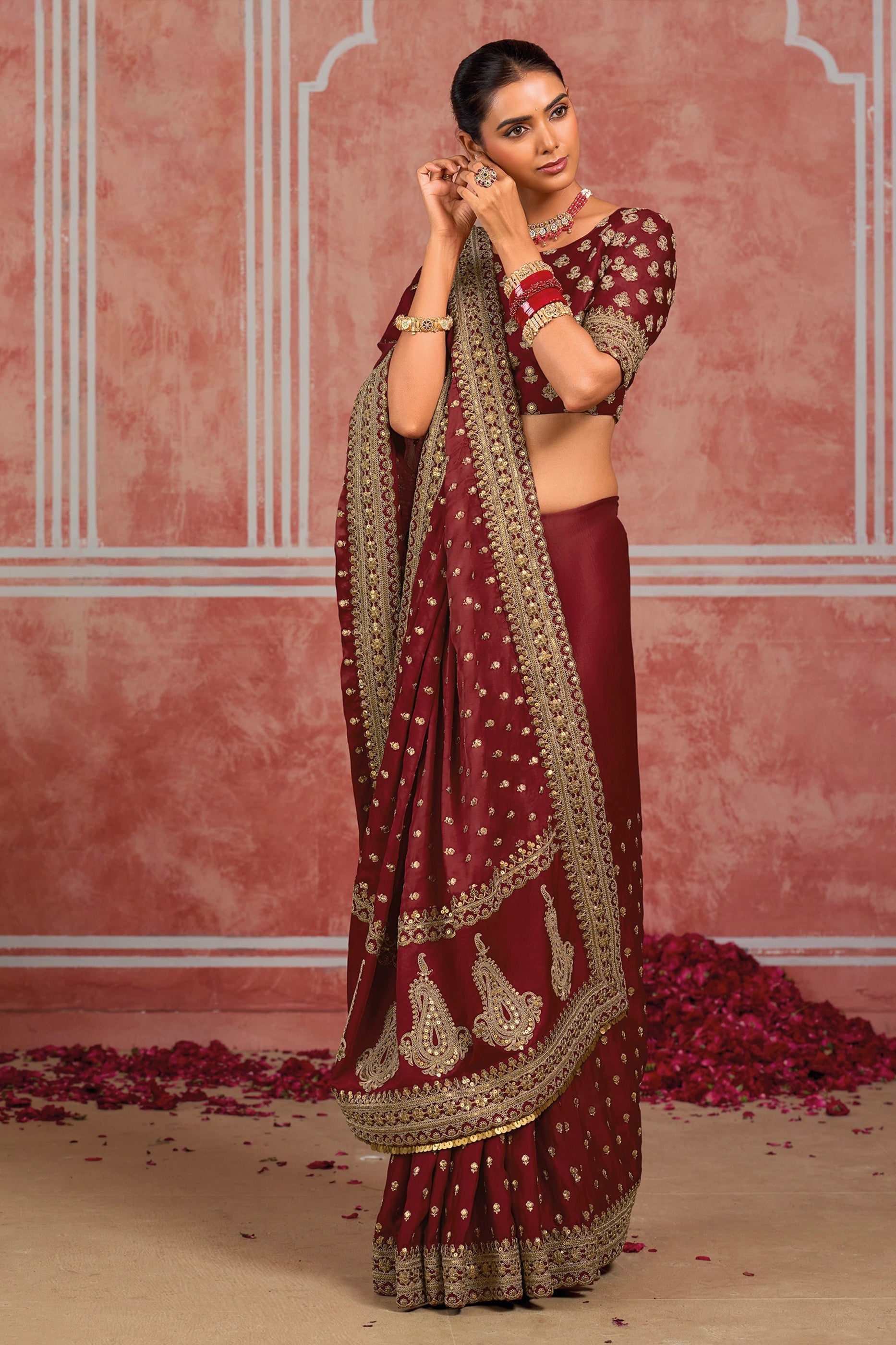 Maroon Embroidered Munga Silk Saree-SAR13060_3_SareeButa.com
