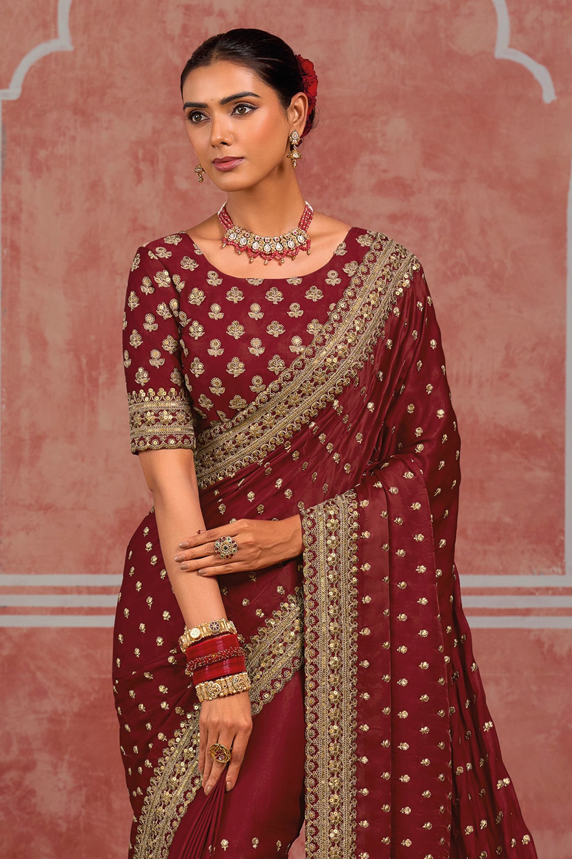 Maroon Embroidered Munga Silk Saree-SAR13060_4_SareeButa.com