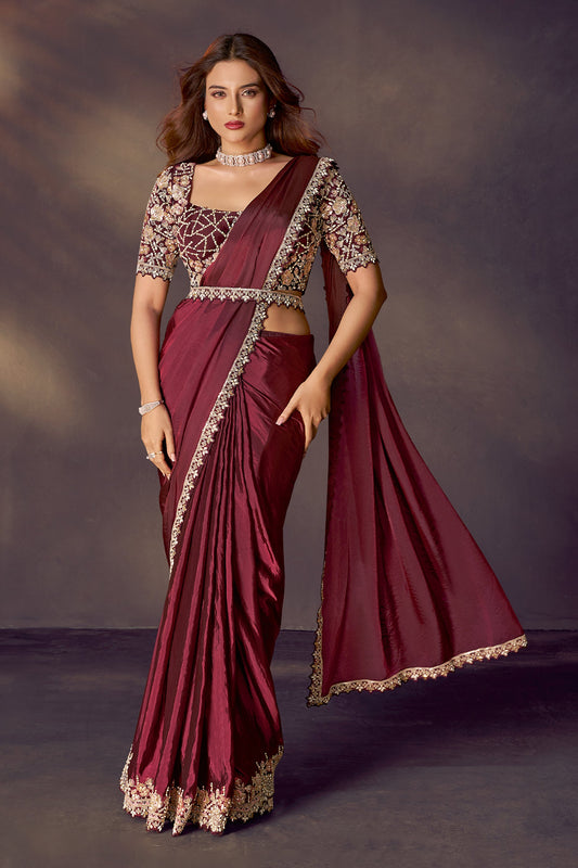 Maroon Embroidered Silk Readymade Saree with Stitched Blouse-SAR10859_1_SareeButa.com