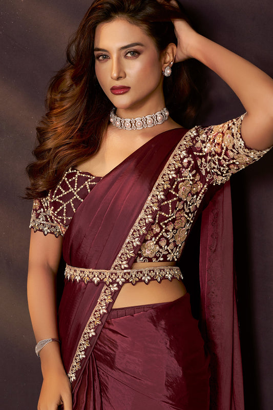 Maroon Embroidered Silk Readymade Saree with Stitched Blouse-SAR10859_2_SareeButa.com