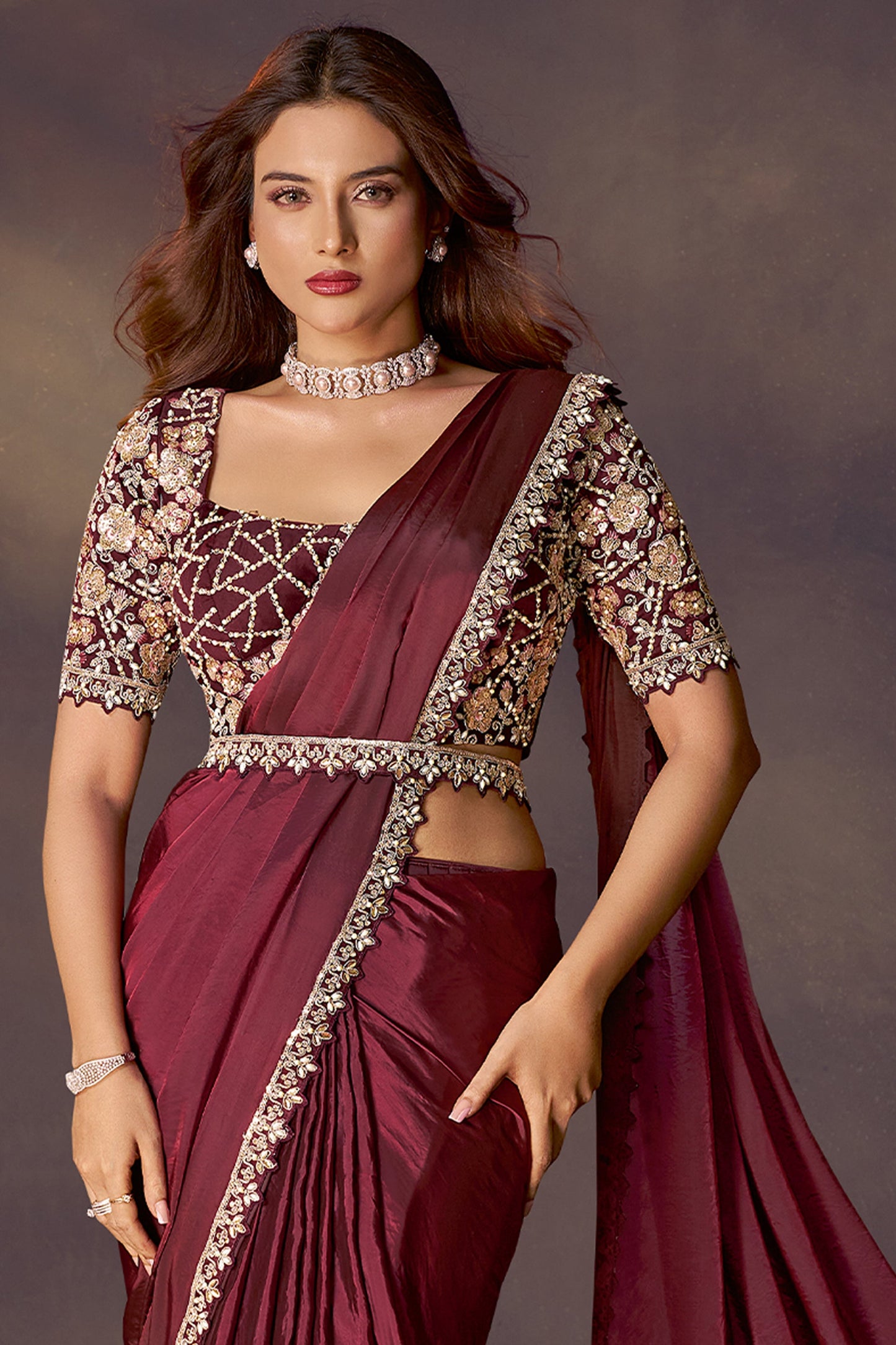Maroon Embroidered Silk Readymade Saree with Stitched Blouse-SAR10859_3_SareeButa.com
