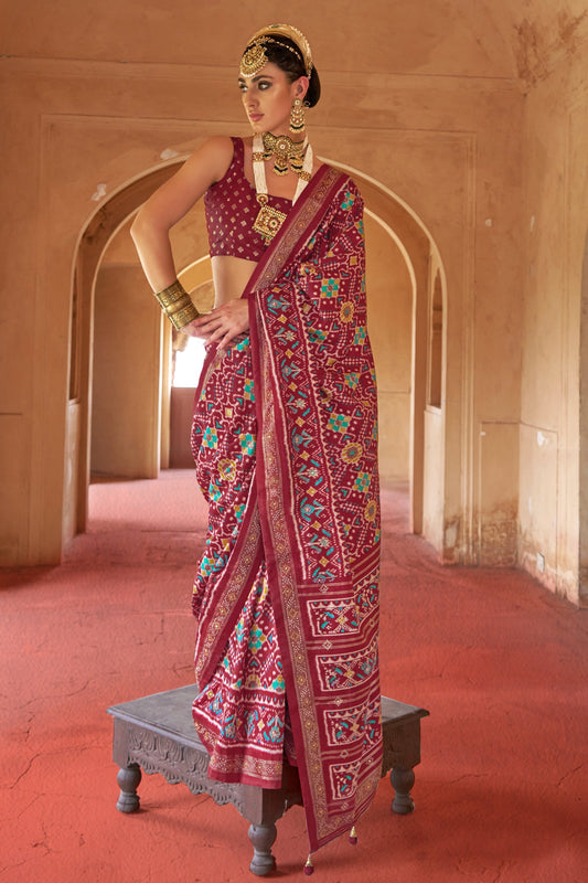Maroon Printed Viscose Silk Patola Saree-SAR10194_1_SareeButa.com