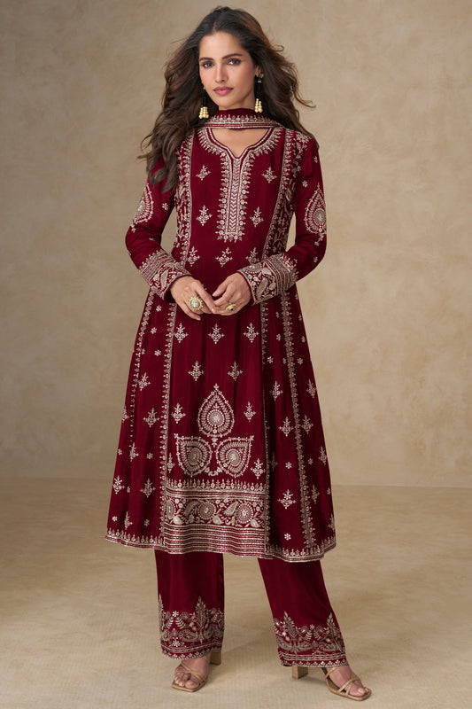 Maroon Readymade Embroidered Chinon A-line Suit-SS753_1_SareeButa.com