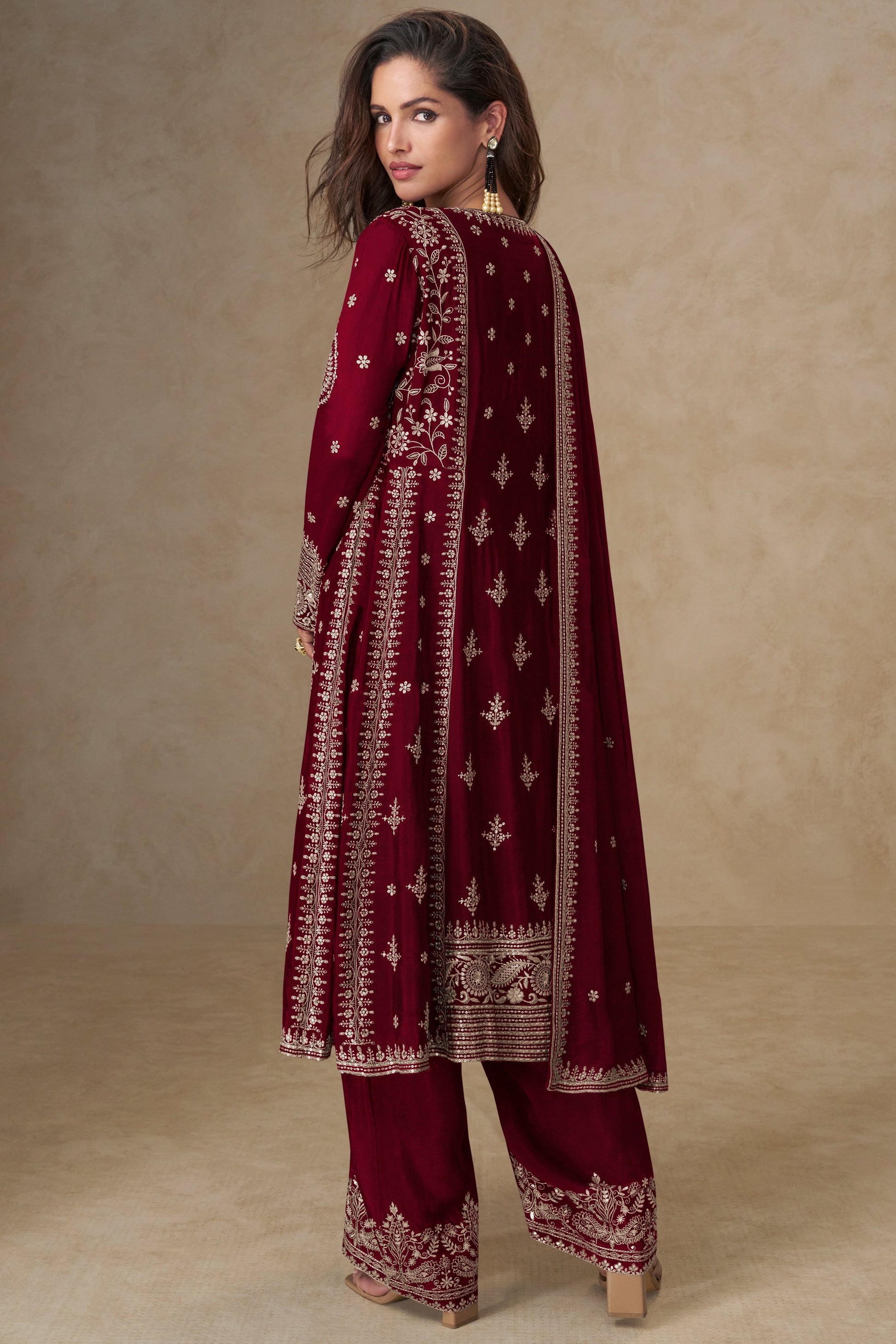 Maroon Readymade Embroidered Chinon A-line Suit-SS753_3_SareeButa.com