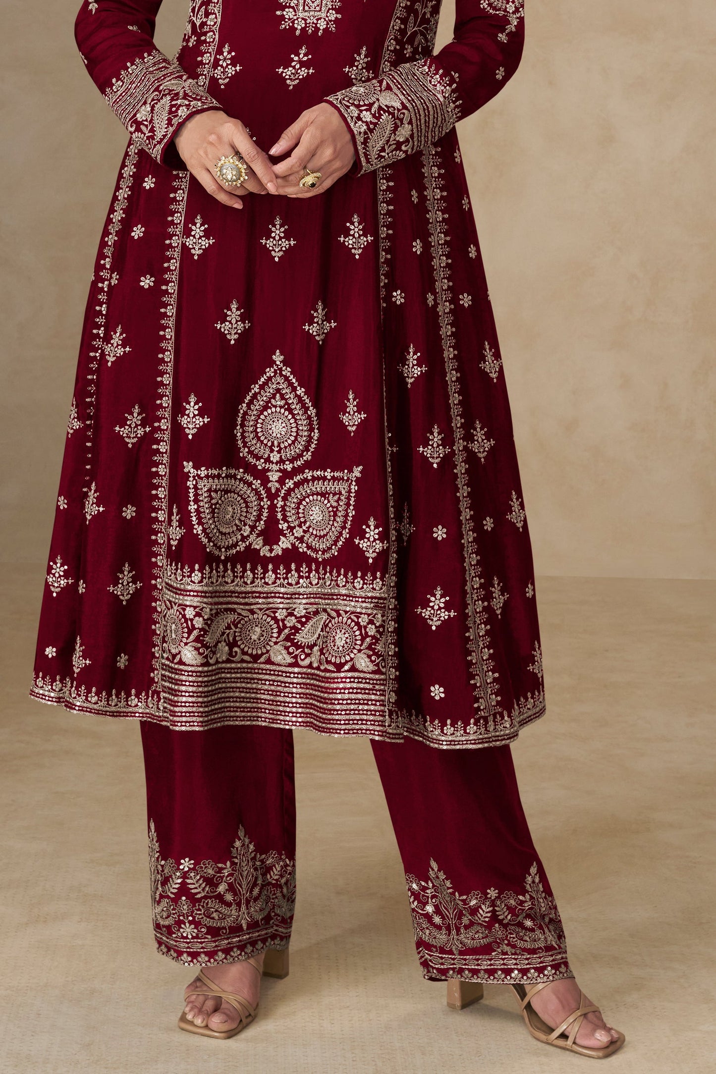 Maroon Readymade Embroidered Chinon A-line Suit-SS753_4_SareeButa.com