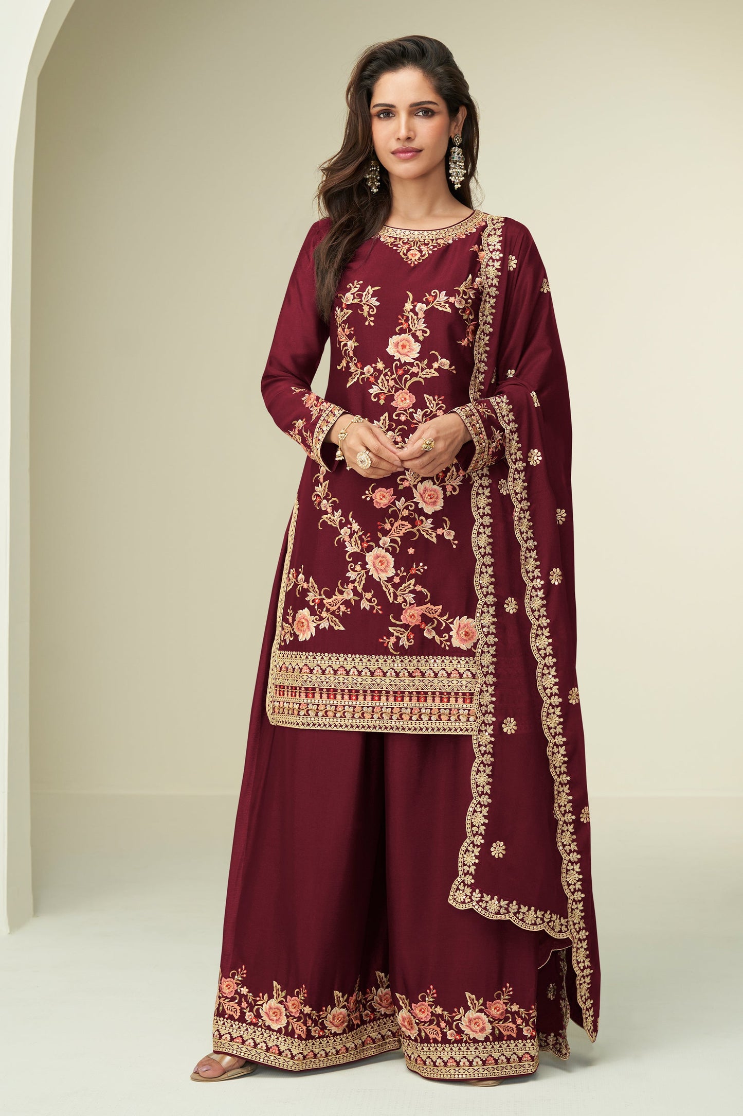 Maroon Readymade Embroidered Chinon Silk Suit-SAR10527_1_SareeButa.com