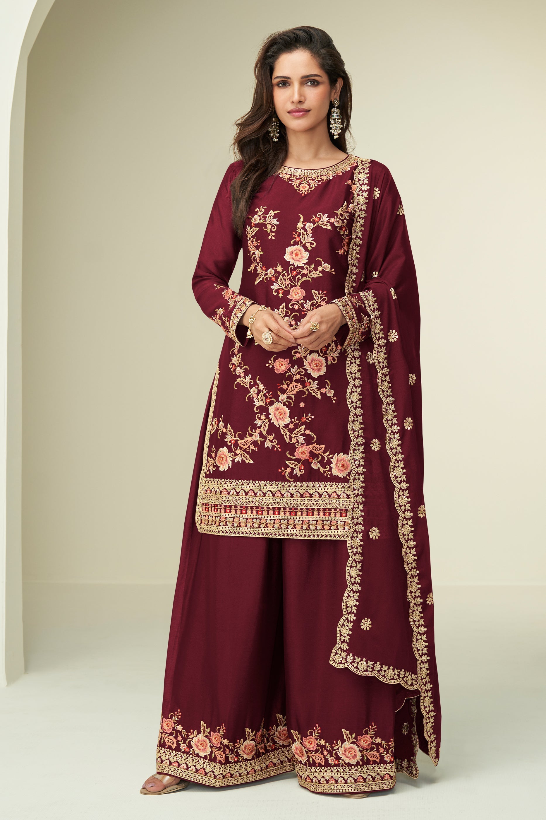 Maroon Readymade Embroidered Chinon Silk Suit-SAR10527_1_SareeButa.com