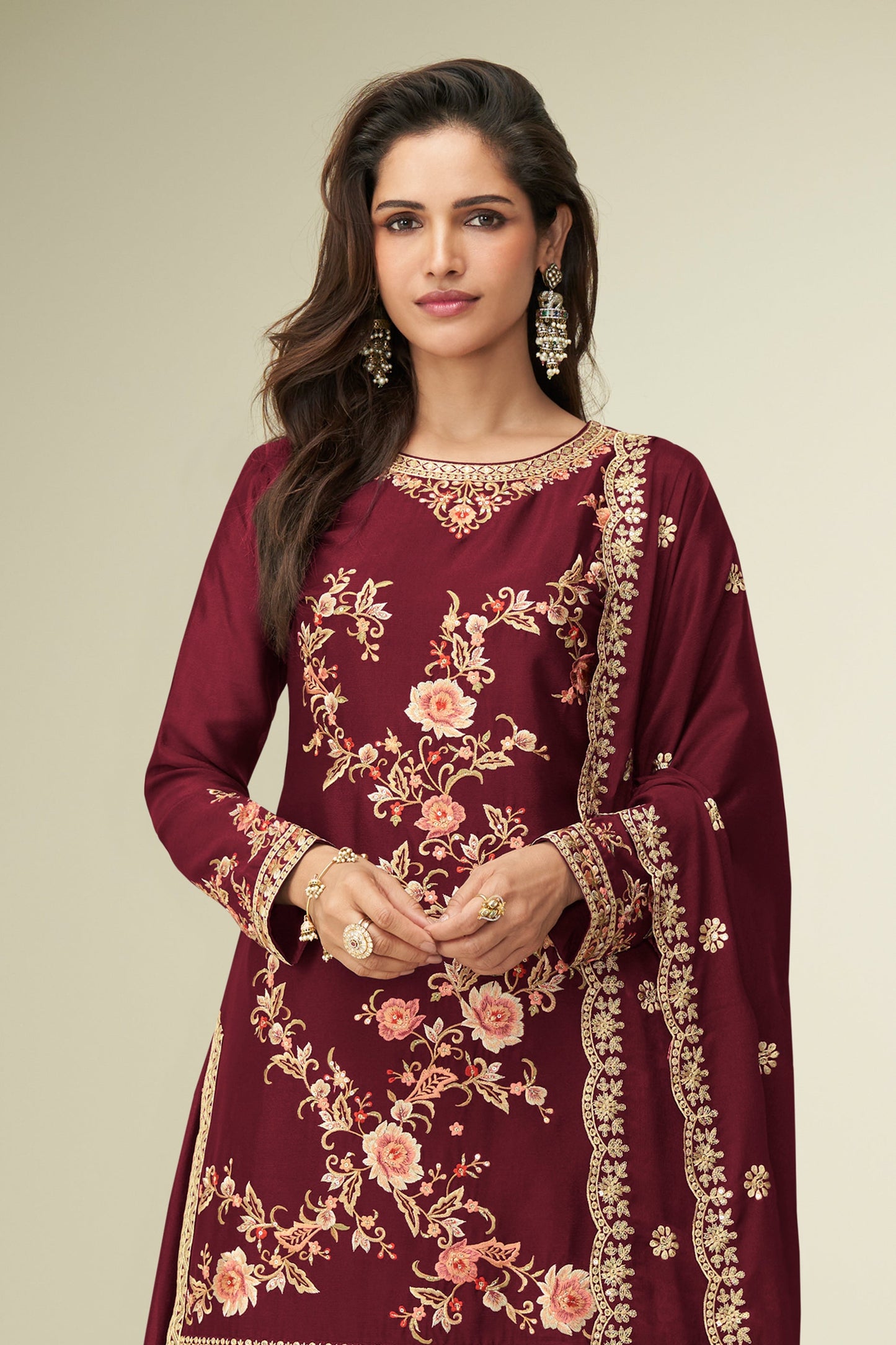 Maroon Readymade Embroidered Chinon Silk Suit-SAR10527_3_SareeButa.com
