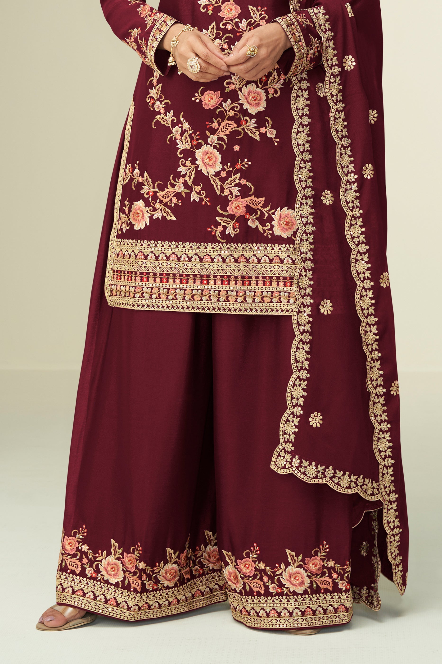 Maroon Readymade Embroidered Chinon Silk Suit-SAR10527_4_SareeButa.com