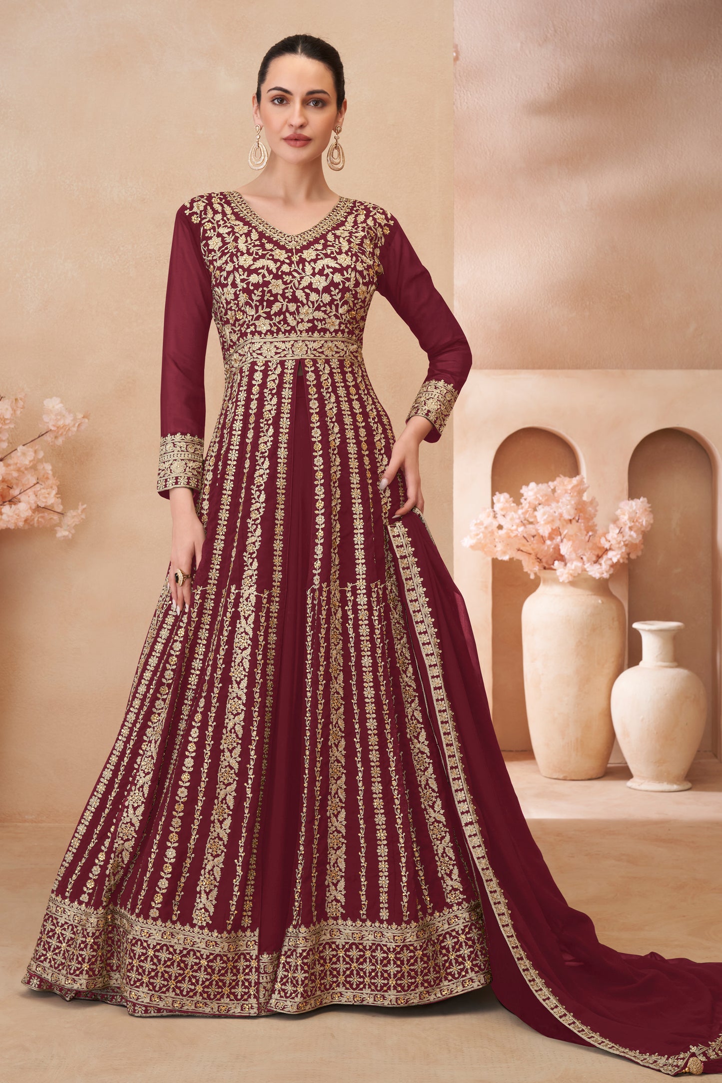Maroon Readymade Embroidered Georgette Skirt Suit-SAR12178_1_SareeButa.com