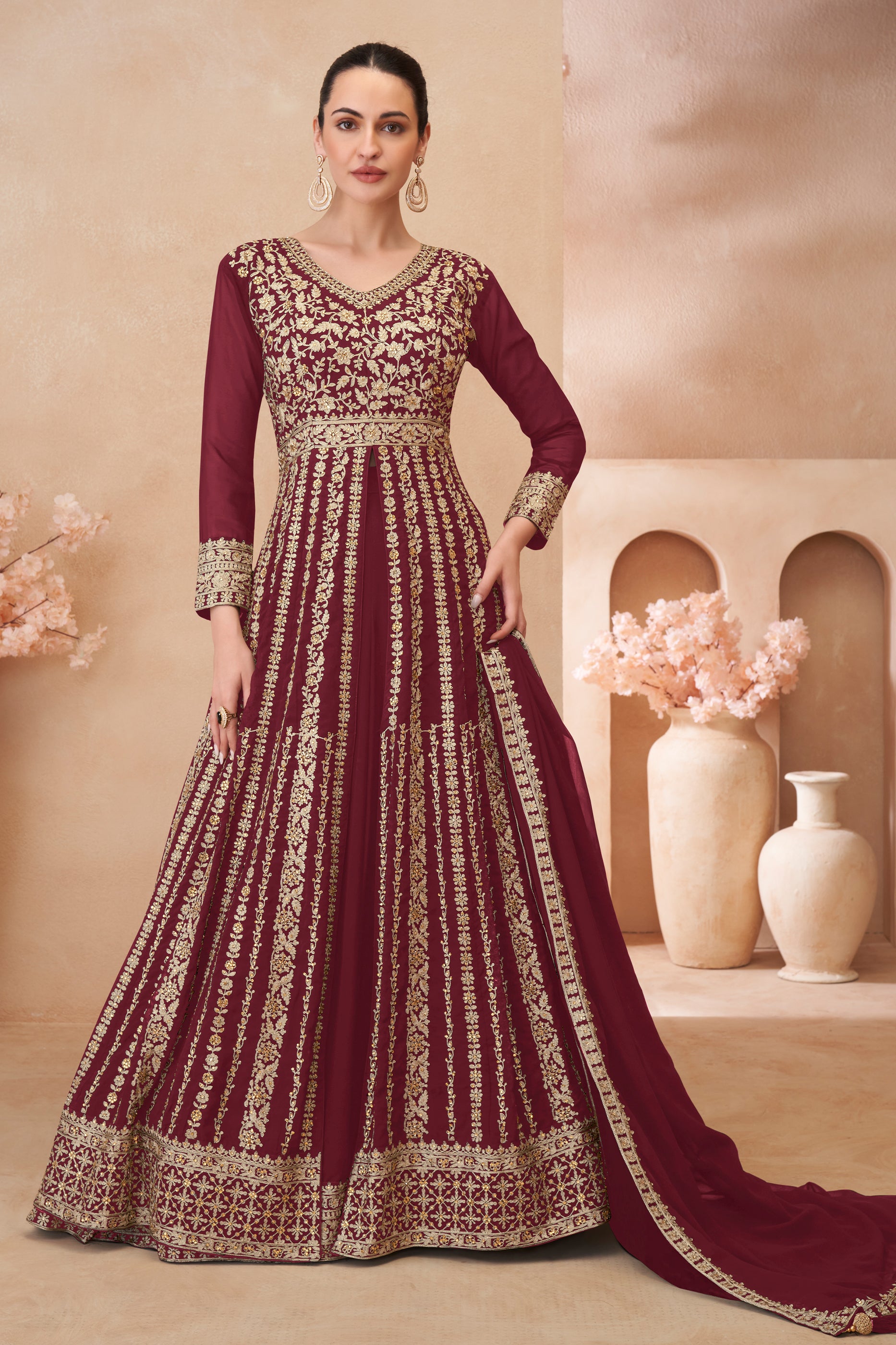 Maroon Readymade Embroidered Georgette Skirt Suit-SAR12178_1_SareeButa.com