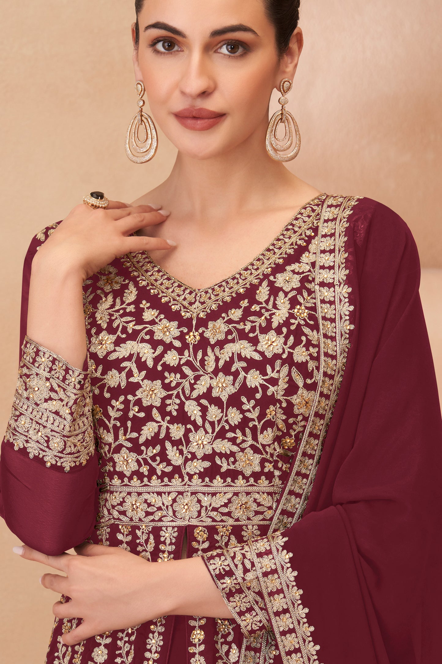 Maroon Readymade Embroidered Georgette Skirt Suit-SAR12178_2_SareeButa.com
